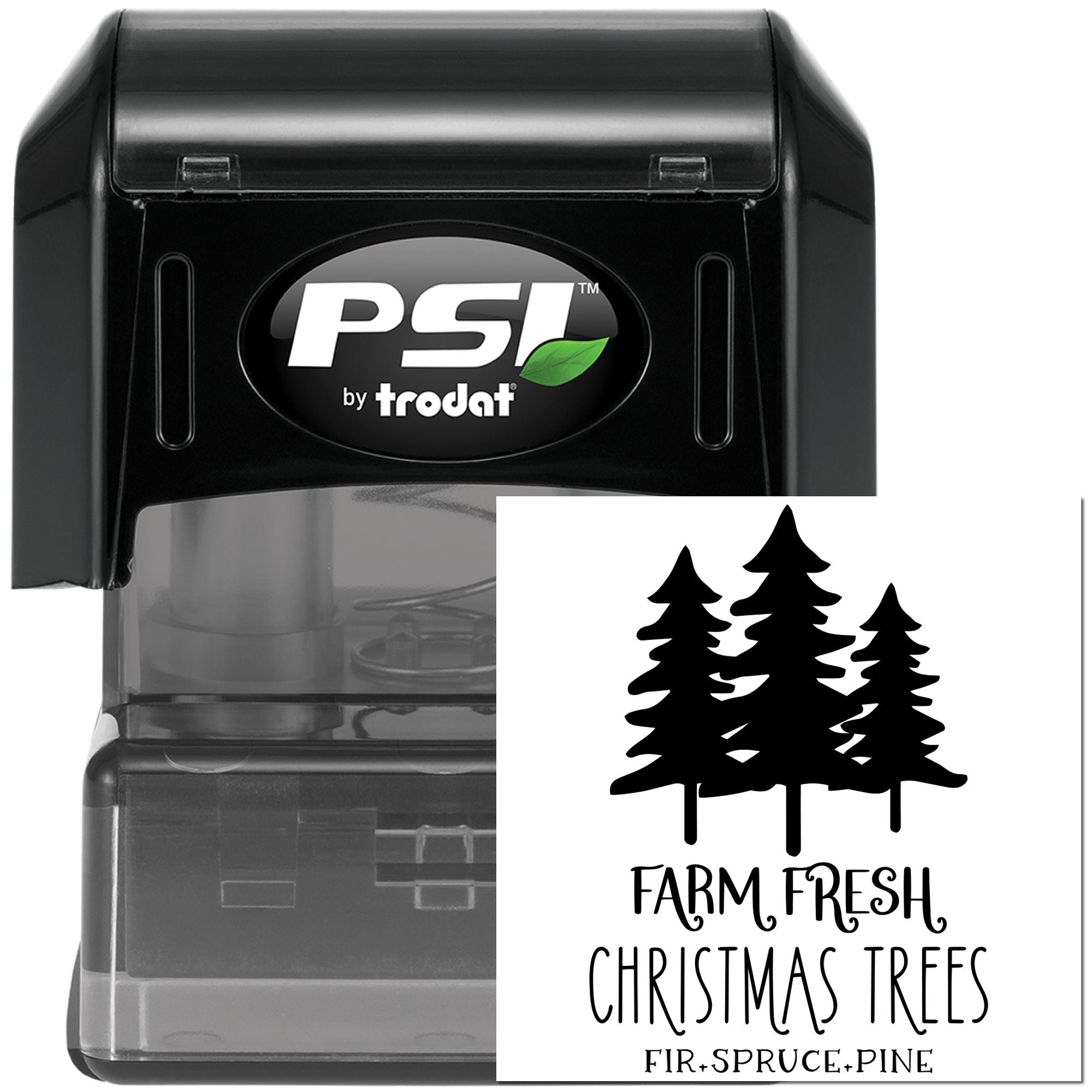 PSI by Trodat self-inking rubber stamp with Farm Fresh Christmas Trees design for fir, spruce and pine labels.