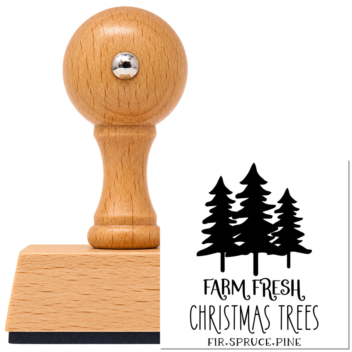 Farm Fresh Three Pine Trees Vintage Pro rubber stamp in European beech wood with a round knob handle, shown beside its black imprint.