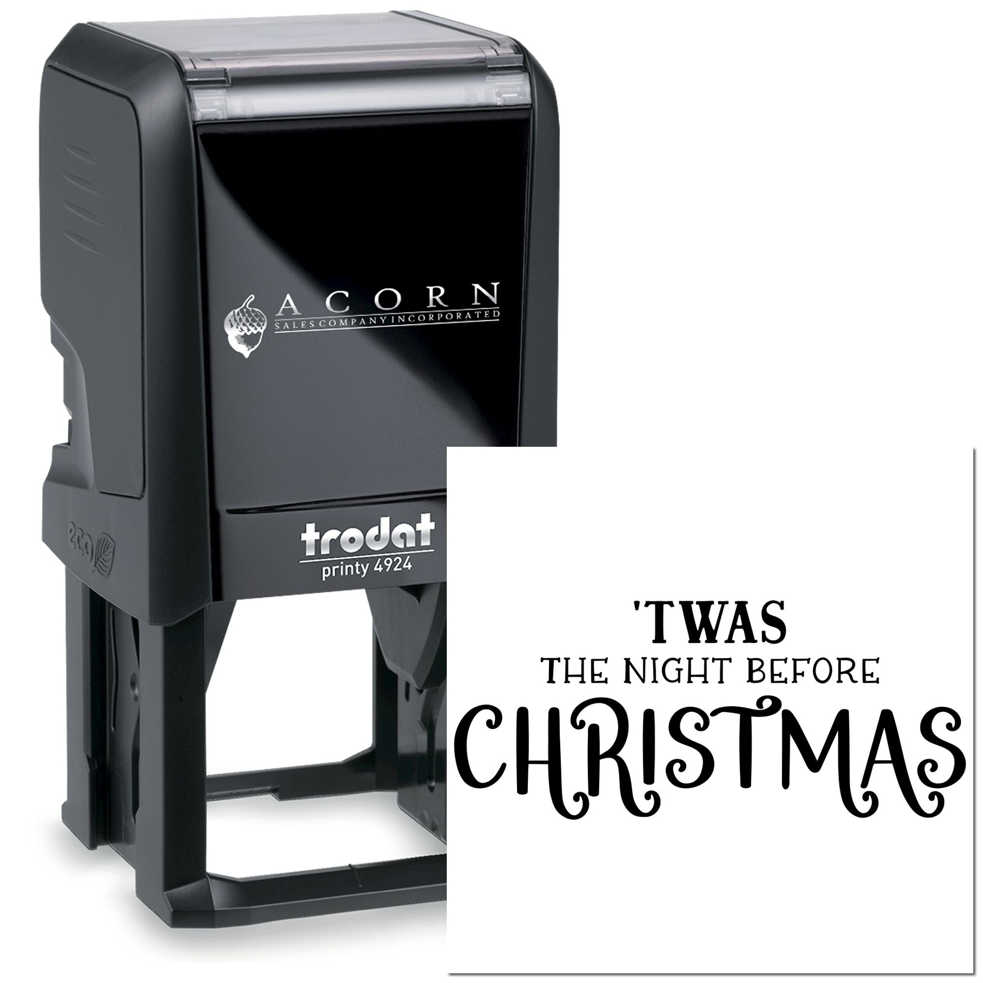 Custom self-inking rubber stamp with Twas the Night Before Christmas imprint, Trodat Printy 4924 holiday stamp.