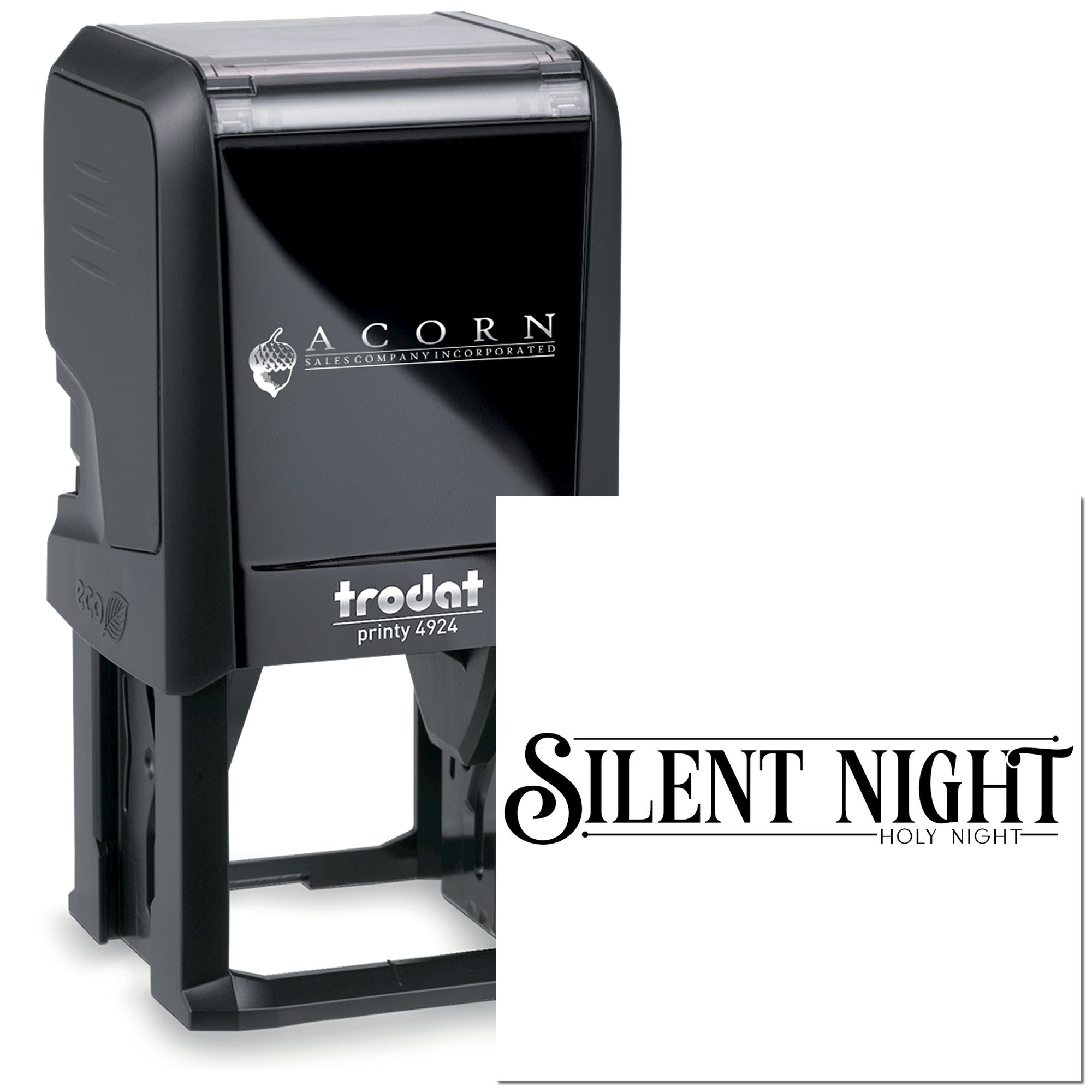 Trodat Printy 4924 self-inking rubber stamp with Silent Night, Holy Night imprint for holiday cards and church use.