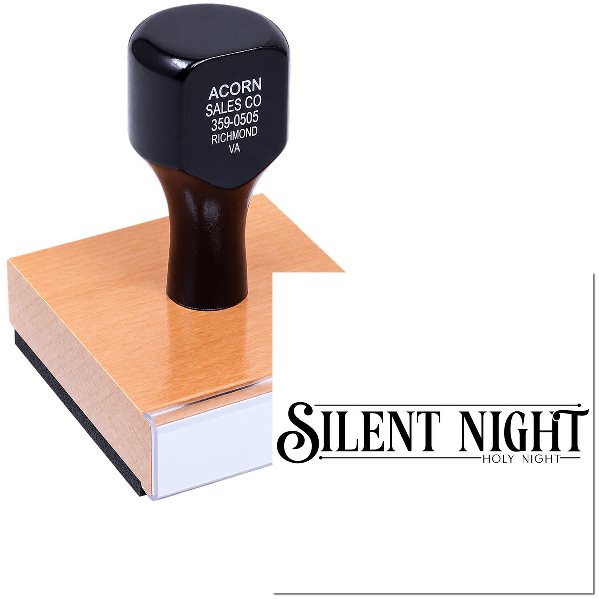 Wood-mounted custom rubber stamp with Silent Night Holy Night design for Christmas cards and holiday crafts.