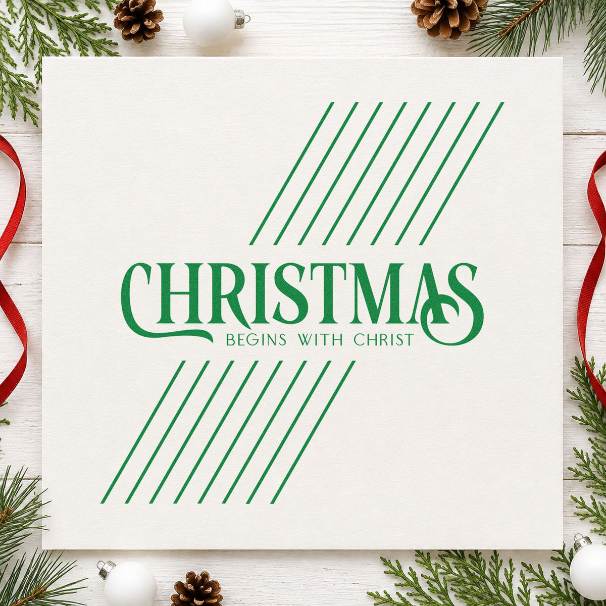 Christmas Begins With Christ craft stamp in green ink on cardstock, an easy option for study album page.