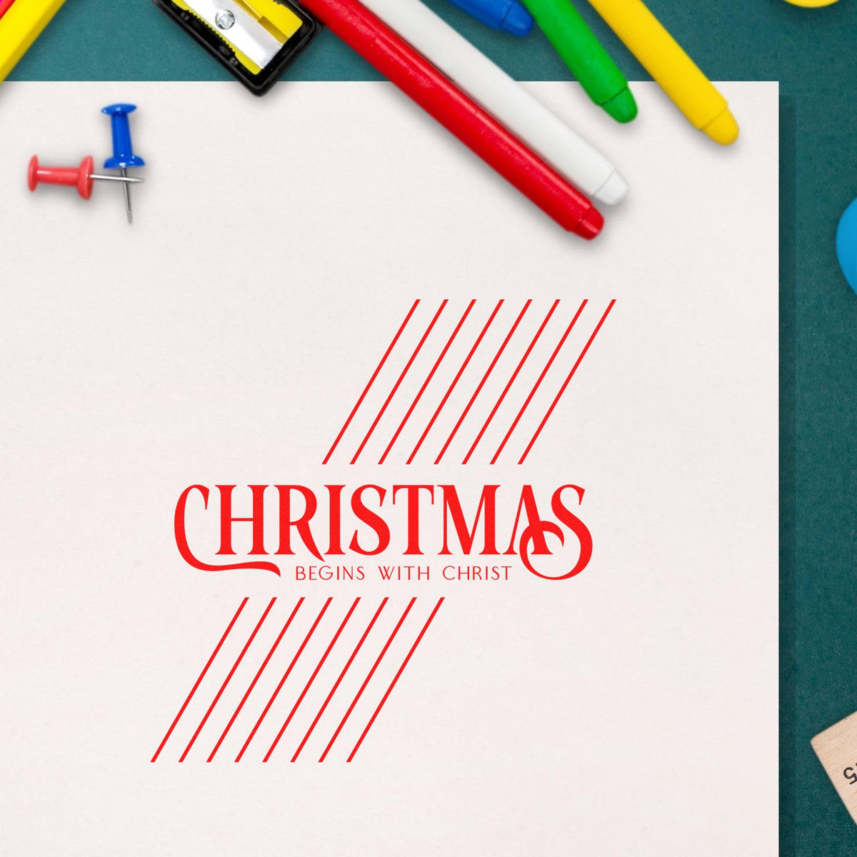 Christmas rubber stamp design reading Christmas Begins with Christ for holiday cards, crafts, and faith-based stationery.