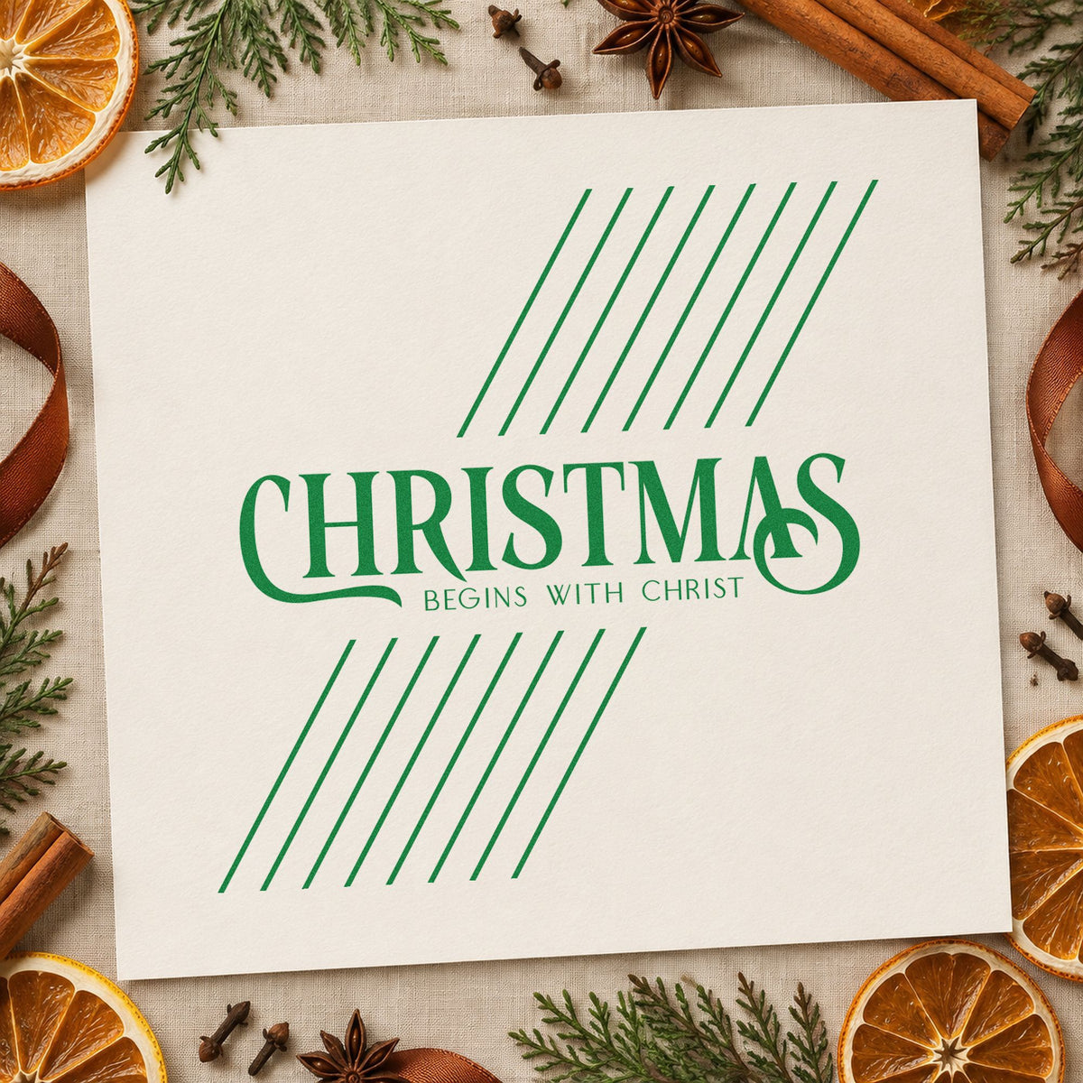 Christmas Begins With Christ craft stamp imprinted in green ink on paper, a design suited to framed angled mat.