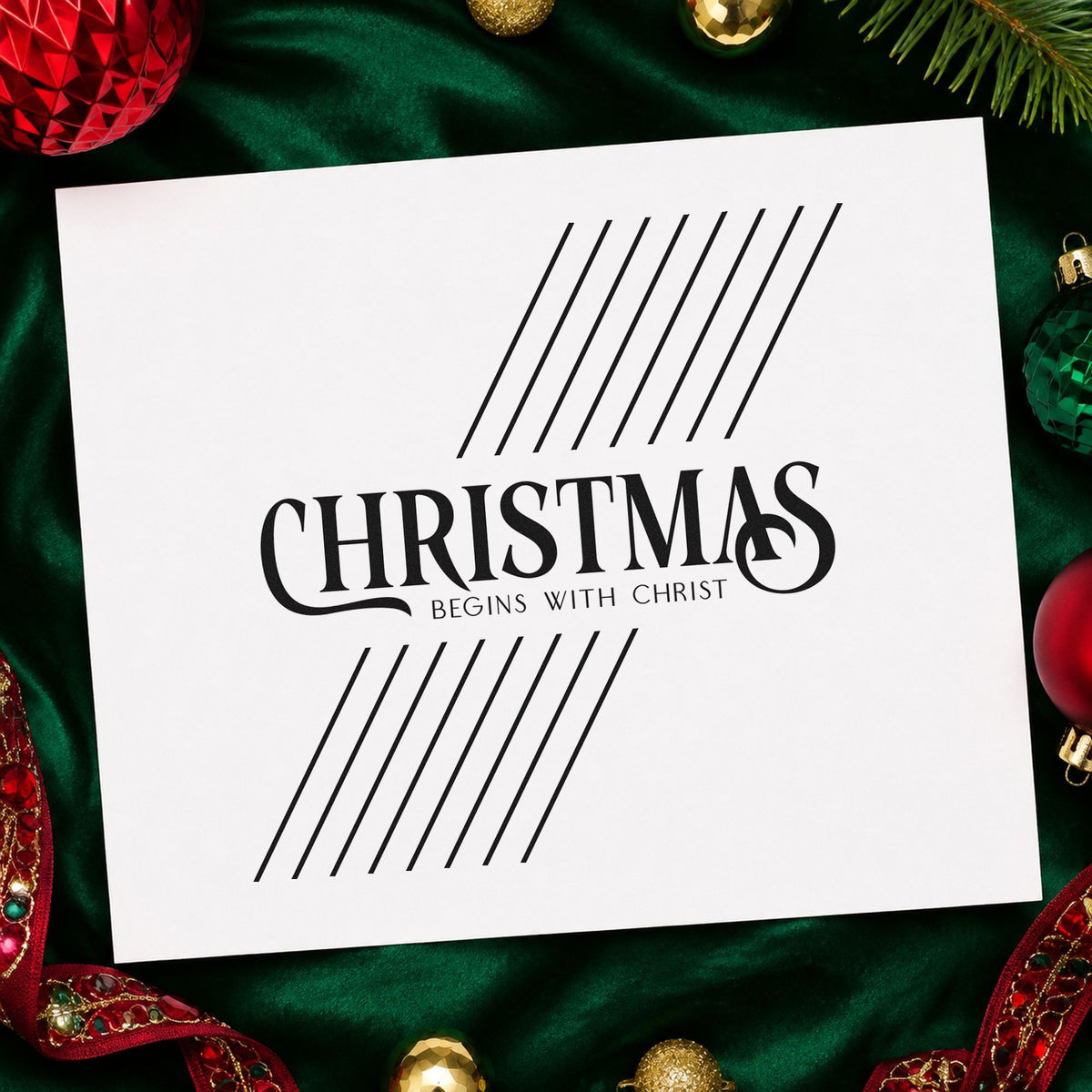 Christmas Begins With Christ rubber stamp printed in black ink, ready for diagonal rules cards and similar paper crafts.