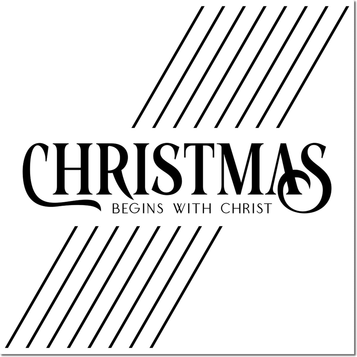 Christian Christmas rubber stamp design reading Christmas Begins with Christ with bold diagonal stripe accents