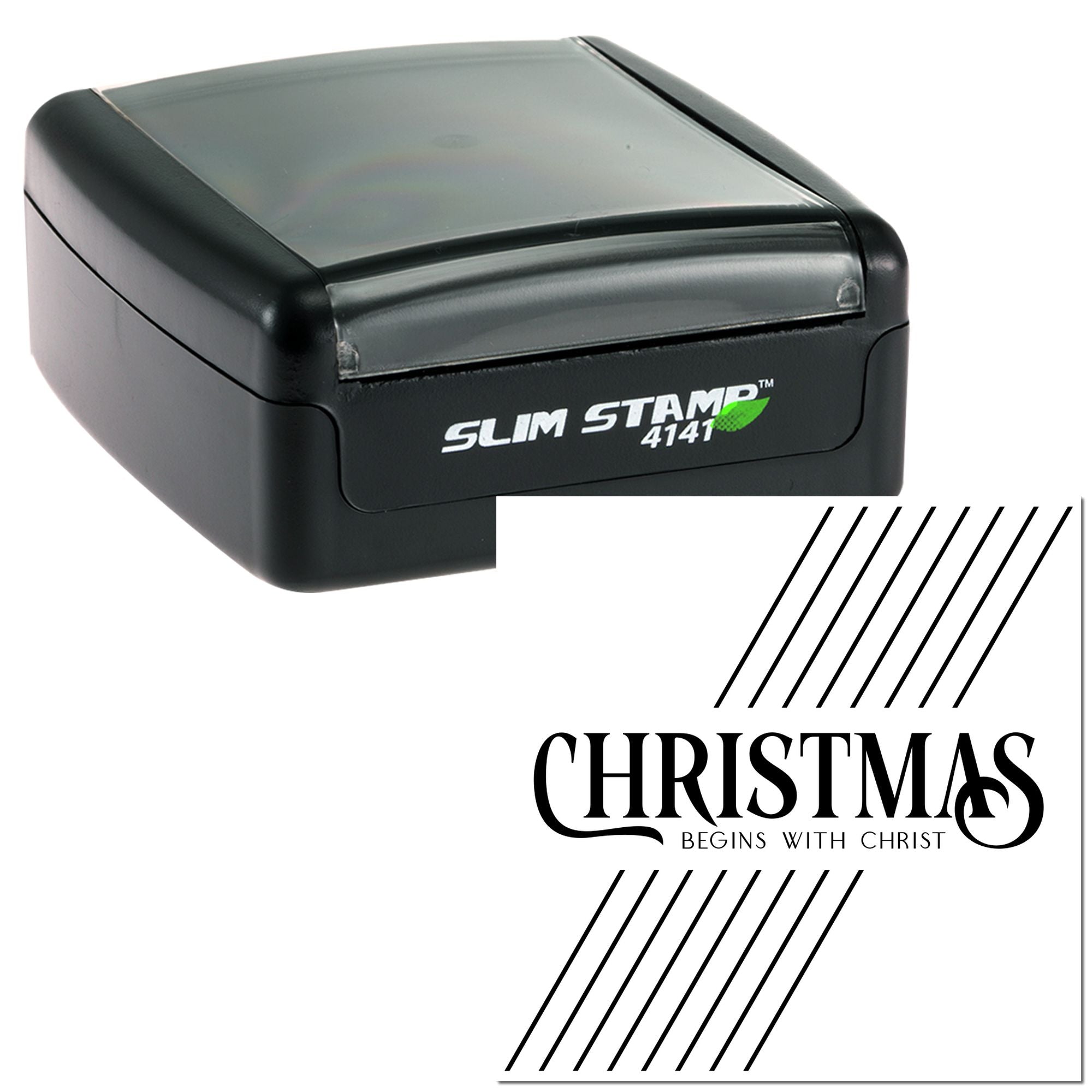 Slim Stamp 4141 custom self-inking rubber stamp with Christmas Begins With Christ design for holiday cards.