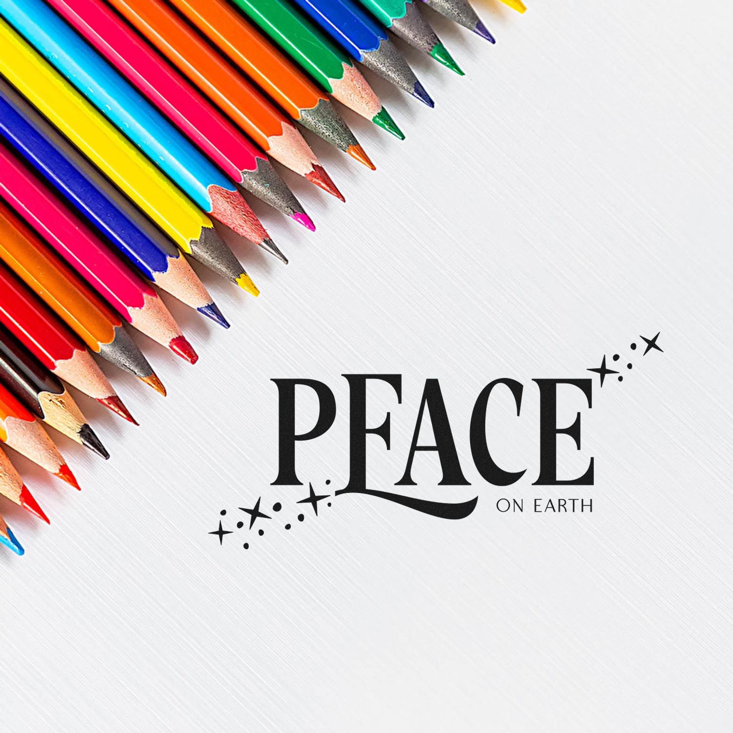 Peace on Earth rubber stamp design with colorful pencils, ideal for holiday crafts and greeting card making.