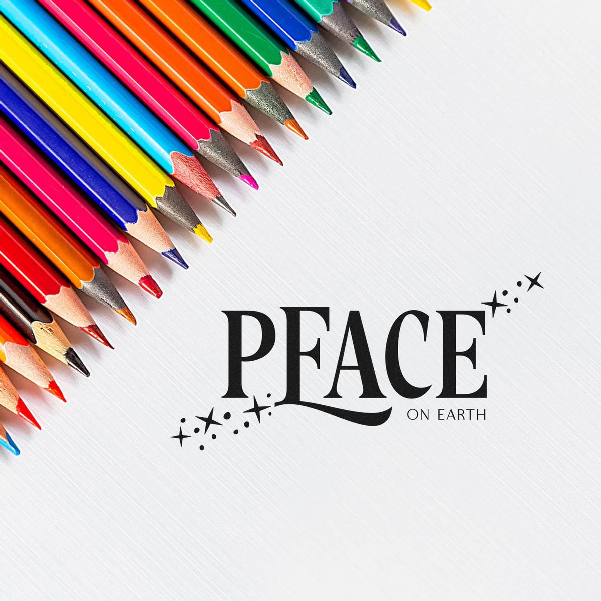 Peace on Earth rubber stamp design with colorful pencils, perfect for holiday cards, crafts, and seasonal stationery.