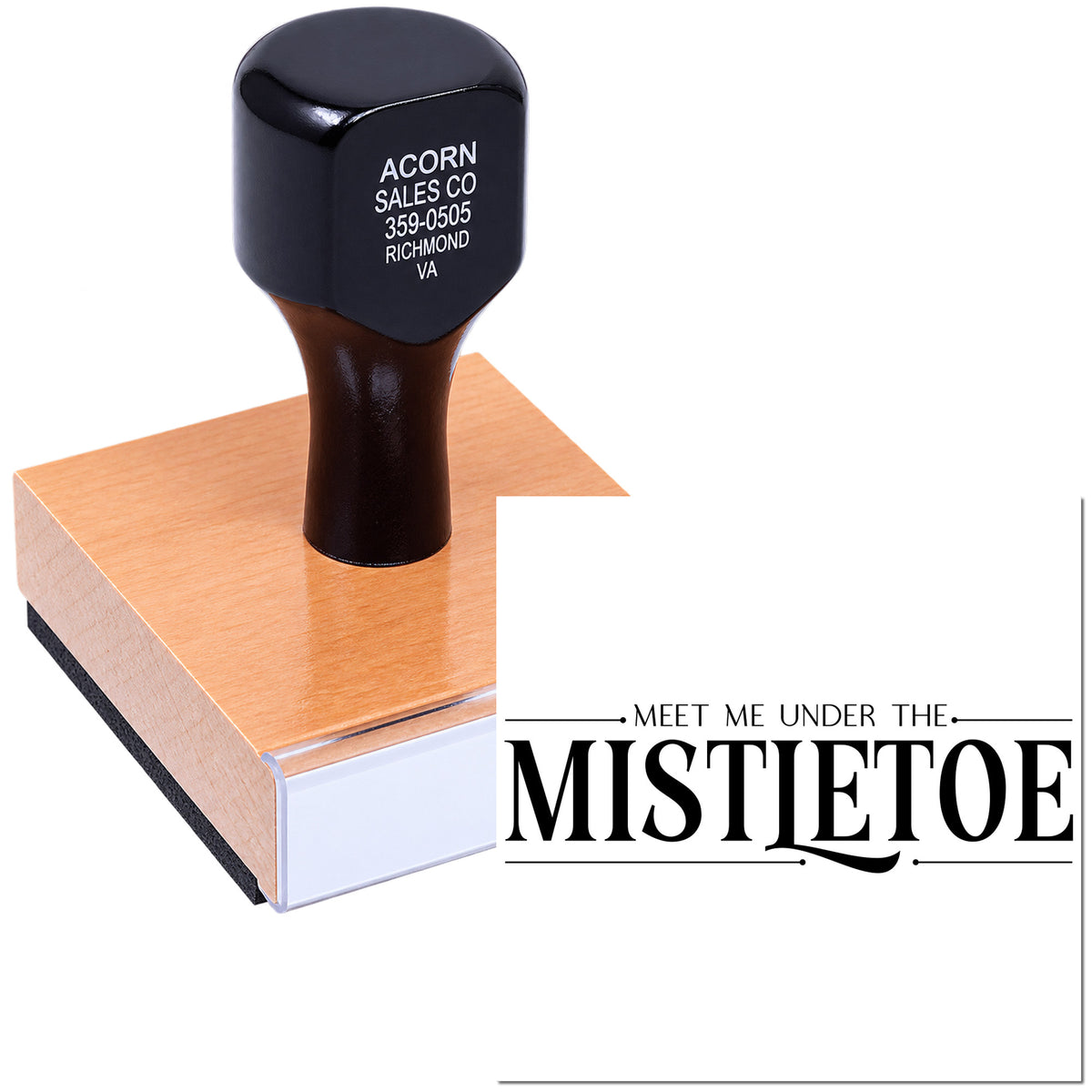 Custom holiday rubber stamp with Meet Me Under the Mistletoe design for festive card making, crafts, and gift tags.
