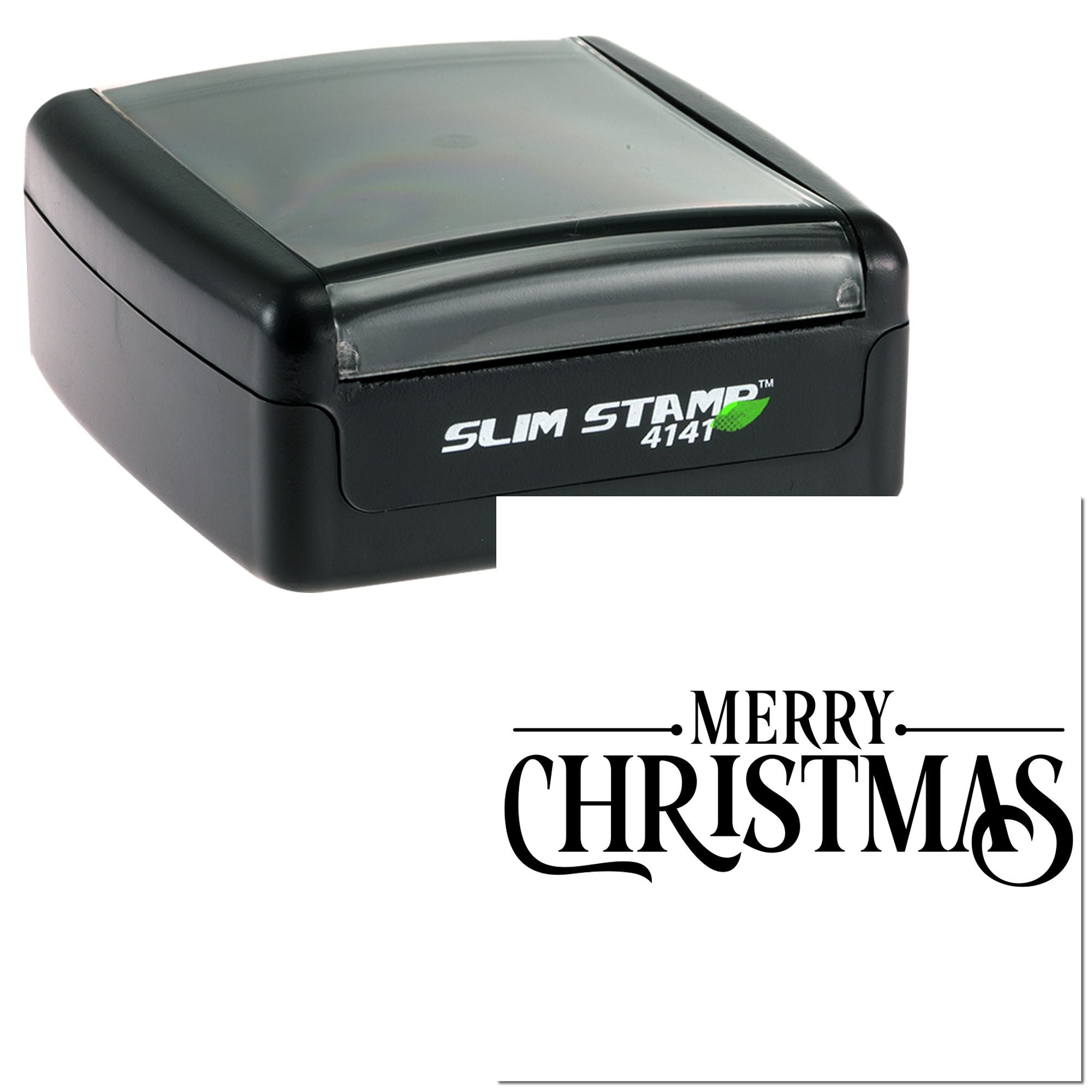 Slim Stamp 4141 self-inking rubber stamp with Merry Christmas imprint for holiday card making and seasonal packaging.
