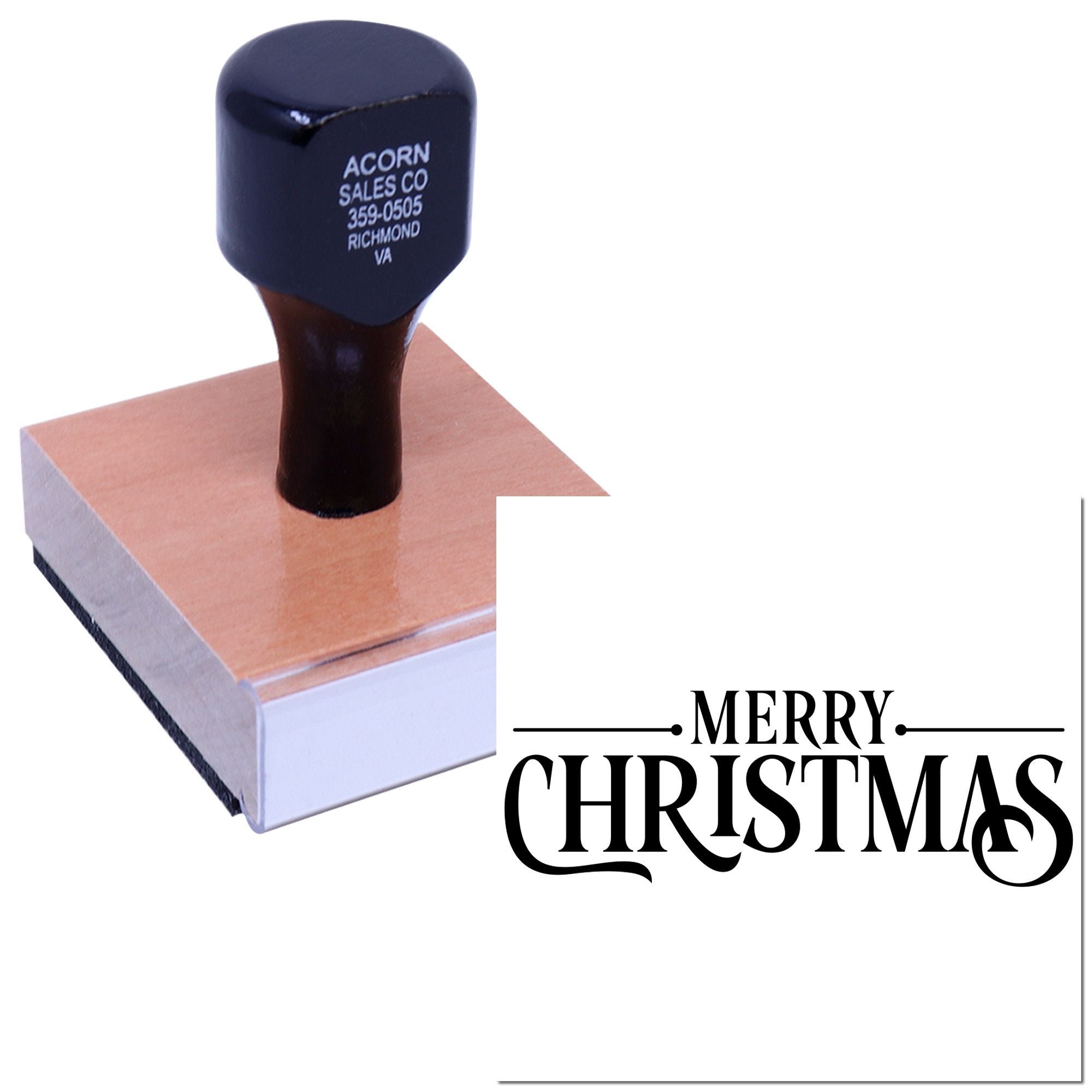Custom rubber stamp printing a Merry Christmas greeting, ideal for holiday cards and festive packaging.
