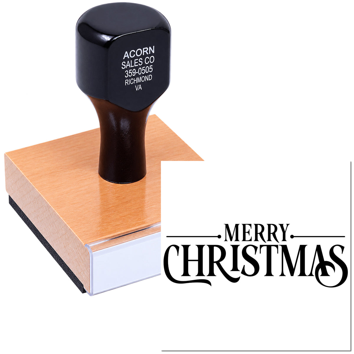 Custom rubber stamp printing a Merry Christmas greeting, ideal for holiday cards and festive packaging.
