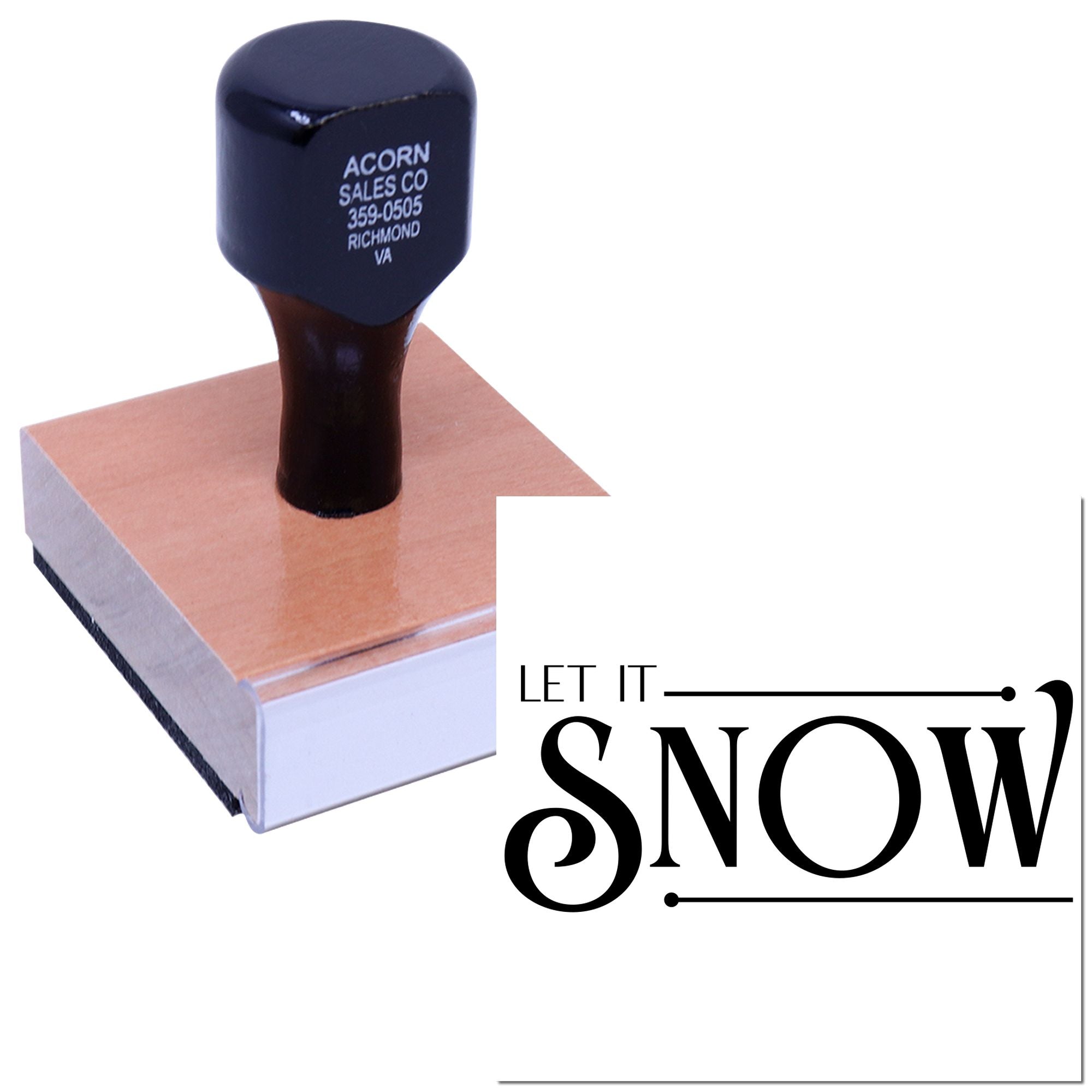 Custom rubber stamp with Let It Snow design for holiday cards, winter crafts, and seasonal packaging.