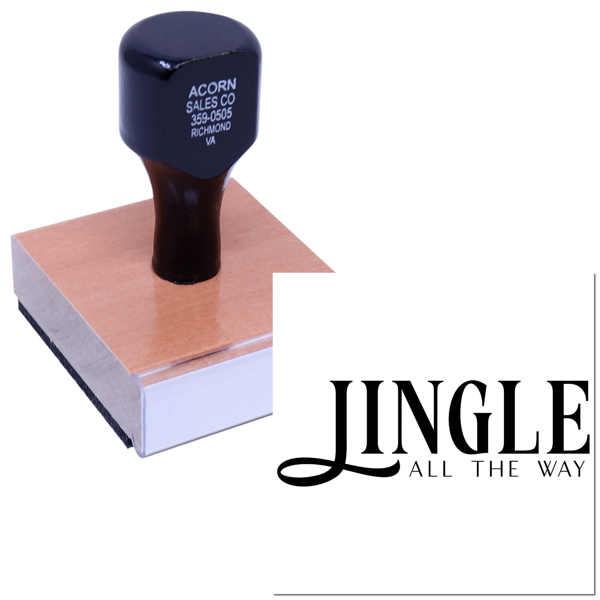 Wood-mounted custom rubber stamp with business imprint and JINGLE ALL THE WAY logo.