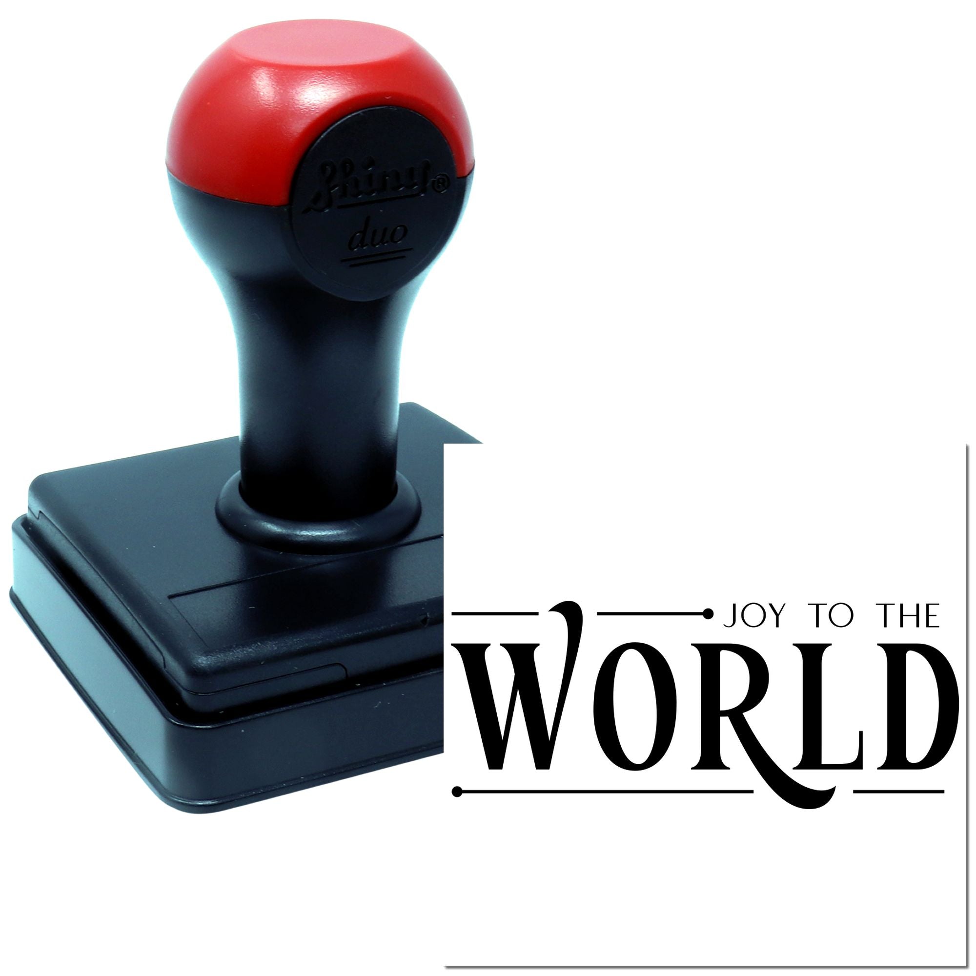 Self-inking rubber stamp with Joy to the World design for Christmas cards, crafts, and holiday packaging.