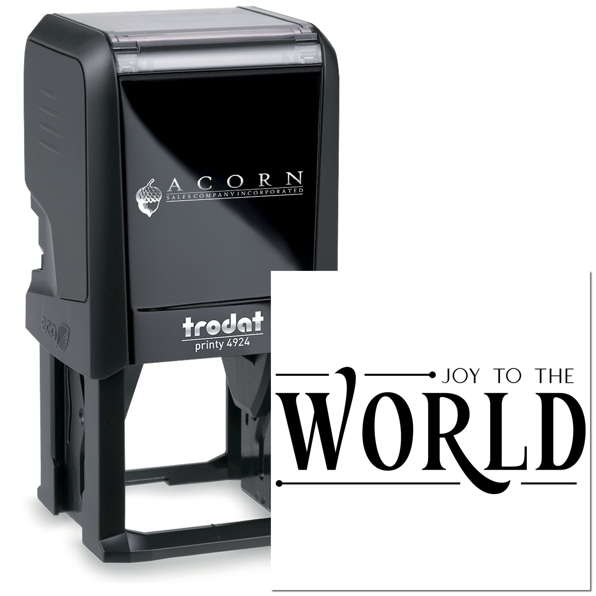 Trodat Printy 4924 self-inking rubber stamp with custom Joy to the World holiday imprint for festive stamping
