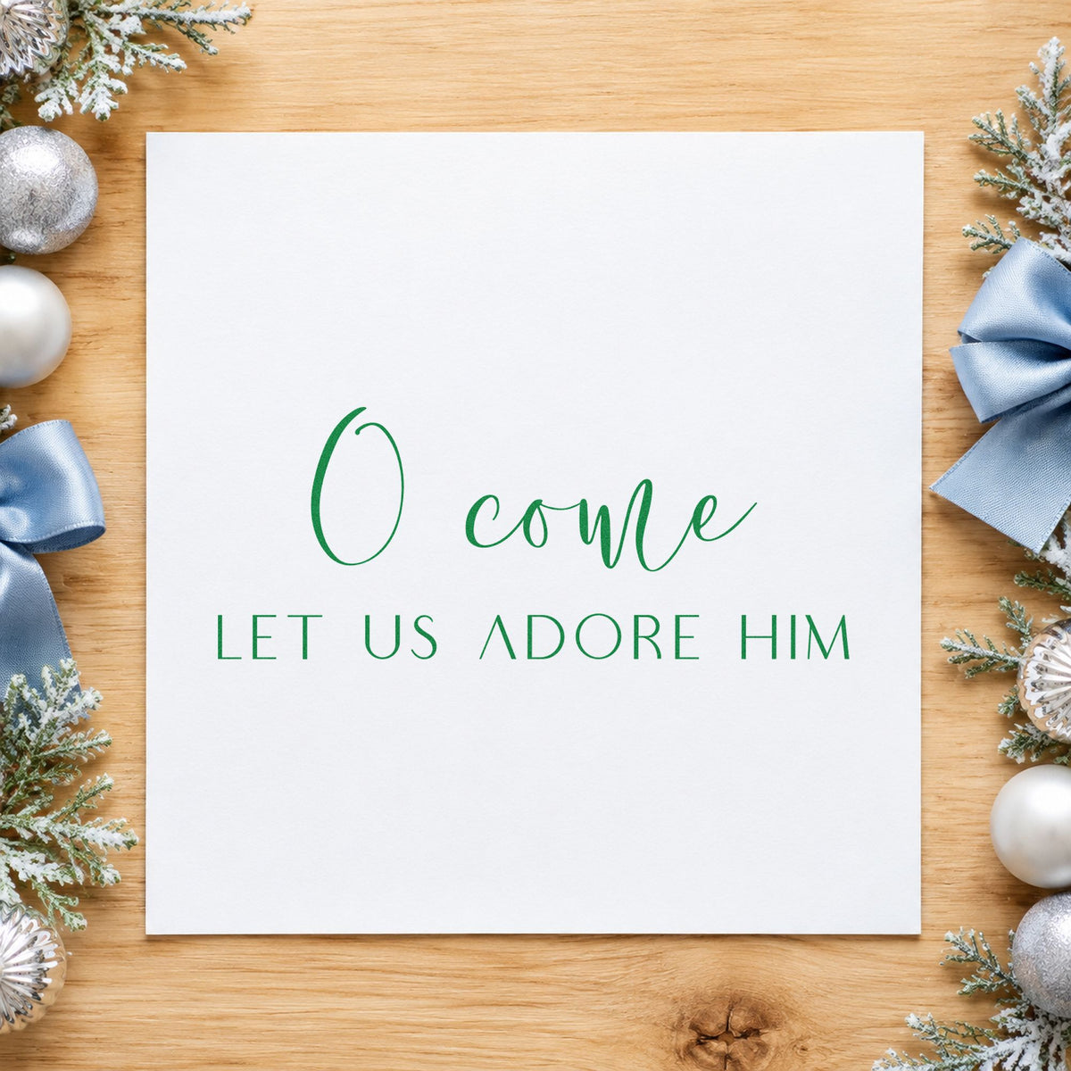 O Come Let Us Adore Him craft stamp in purple ink on cardstock, an easy option for communion album page.