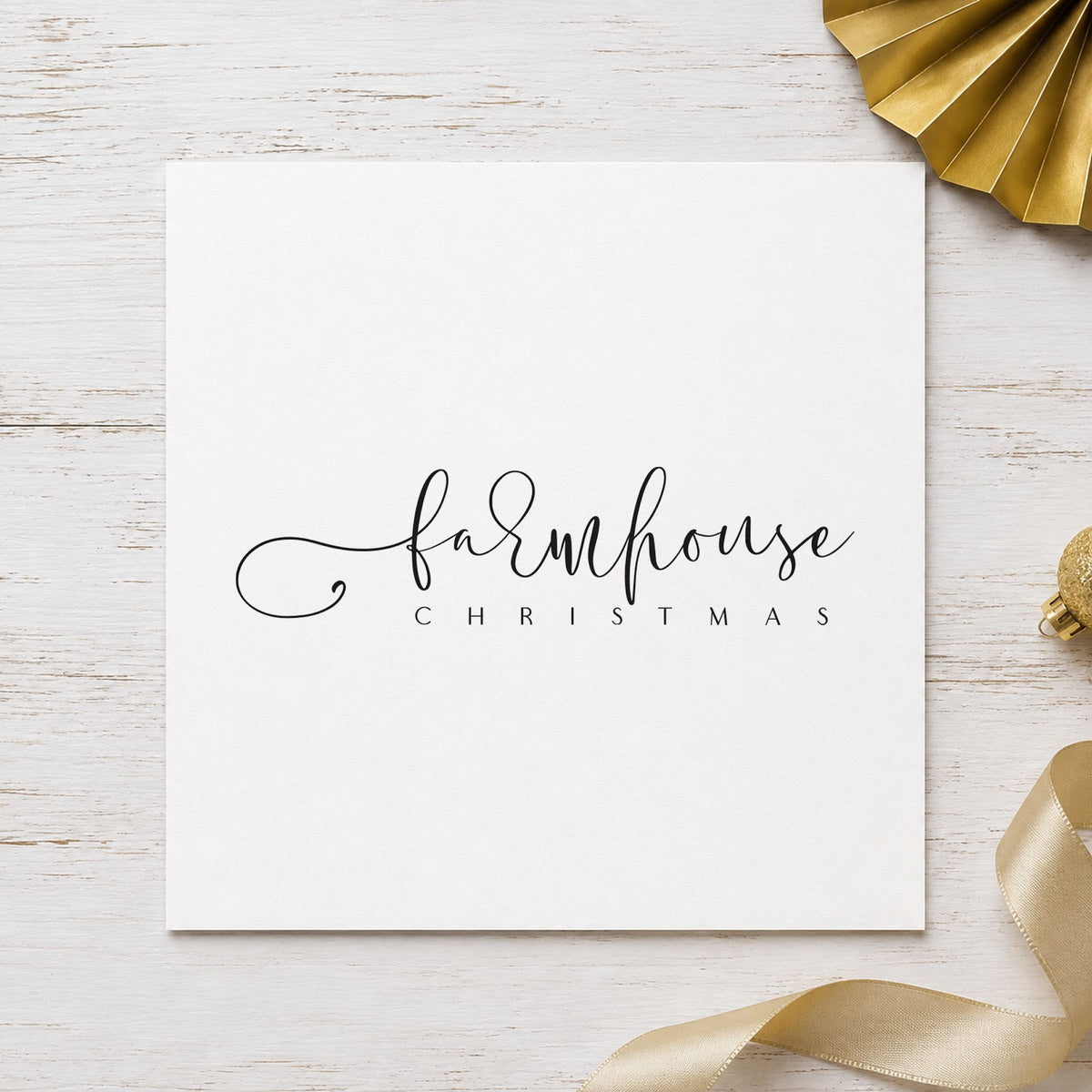 Farmhouse Christmas Fine Script craft stamp imprint in black ink on a handmade project, one idea being linen bundle tags.