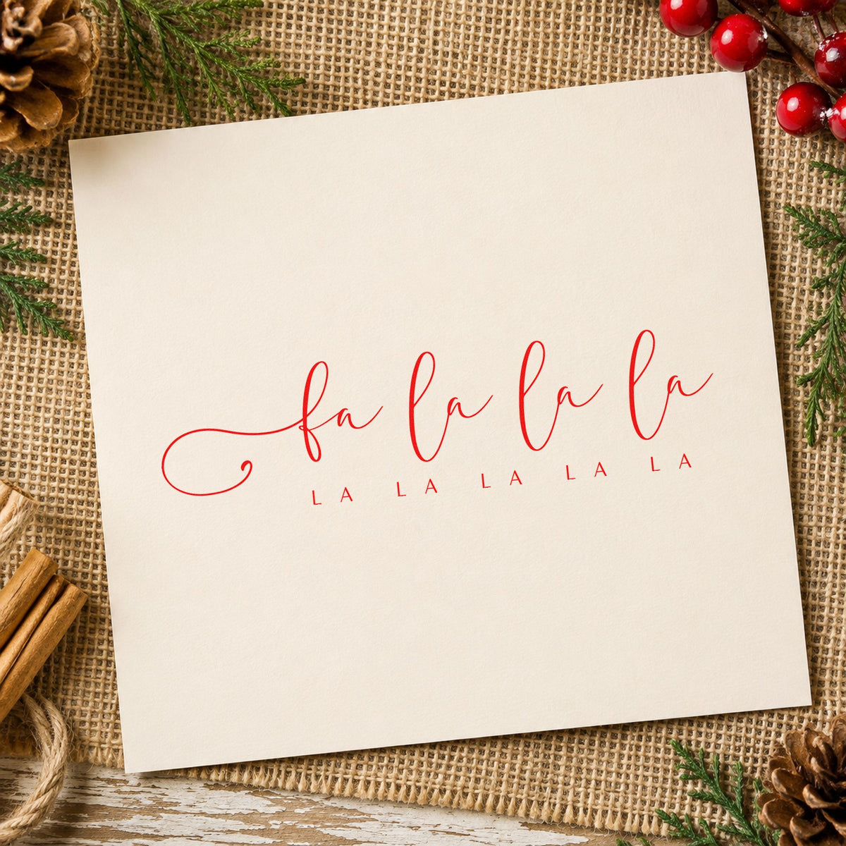 Fa La La Holiday Script rubber stamp shown in purple ink, stamped for projects such as score bin labels.