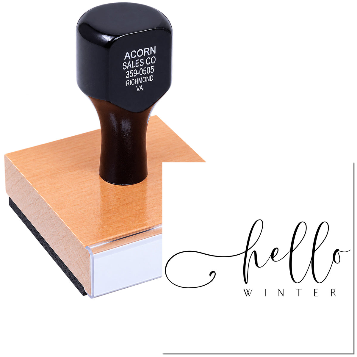 Seasonal custom rubber stamp with hello winter design for holiday cards, crafts, and winter greeting projects.