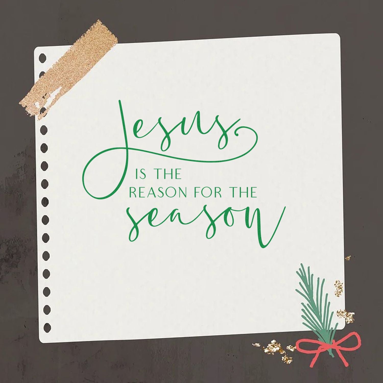 Christian Christmas rubber stamp reading Jesus is the reason for the season on a white notepad with holiday decor.