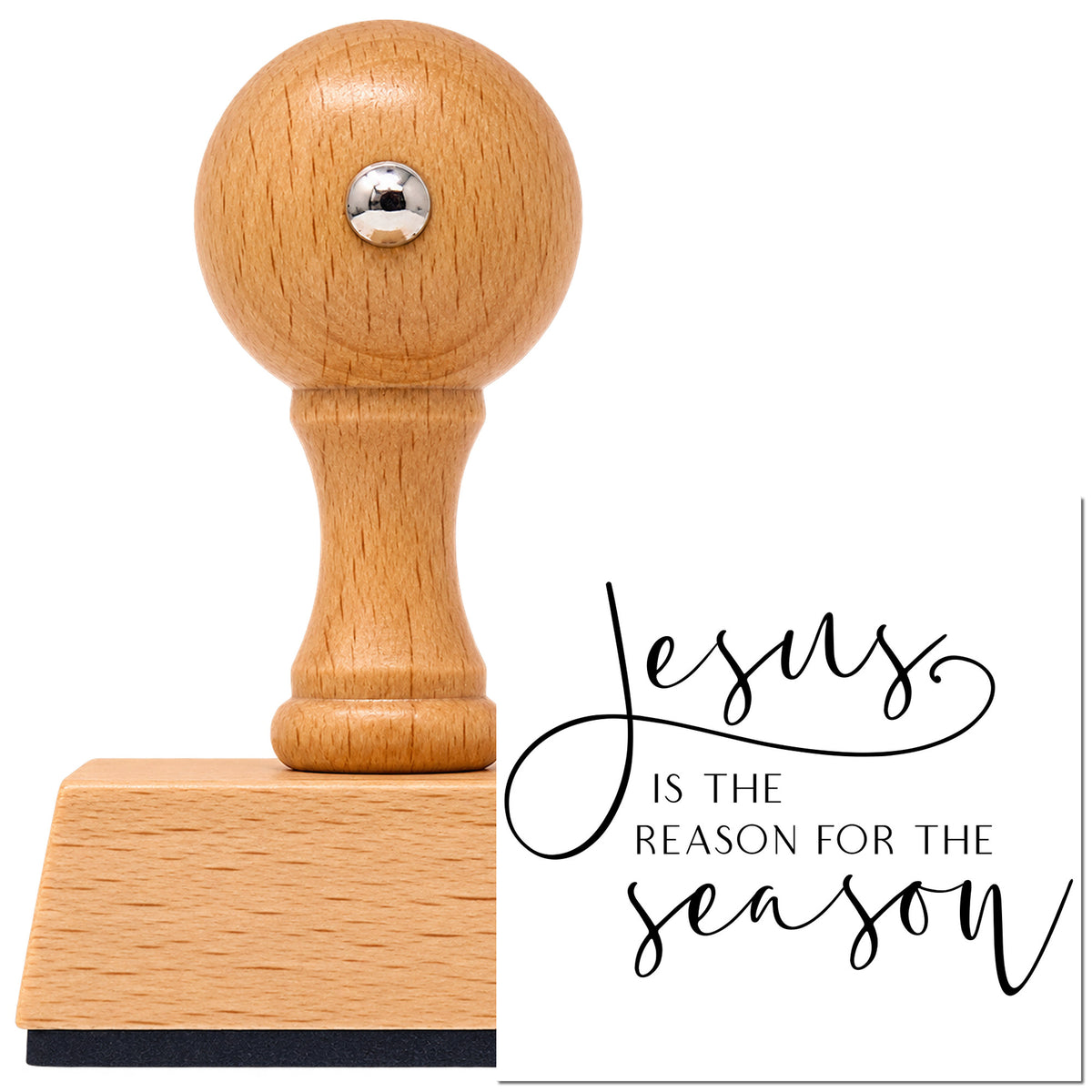 Jesus Reason For The Season Vintage Pro rubber stamp in European beech wood with a round knob handle, shown beside its black imprint.