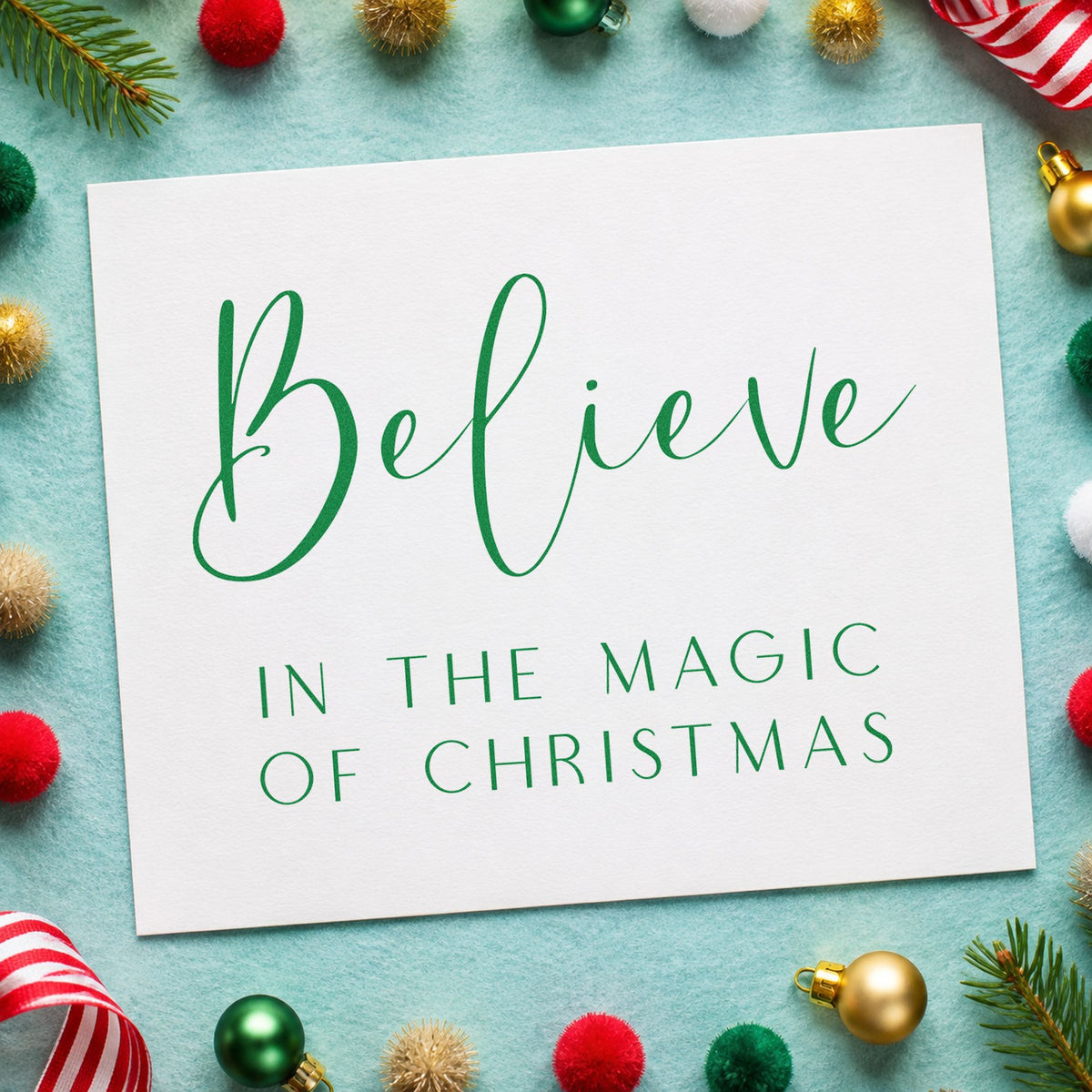 Believe In Magic Of Christmas craft stamp imprint in green ink on a handmade project, one idea being lantern walk cards.