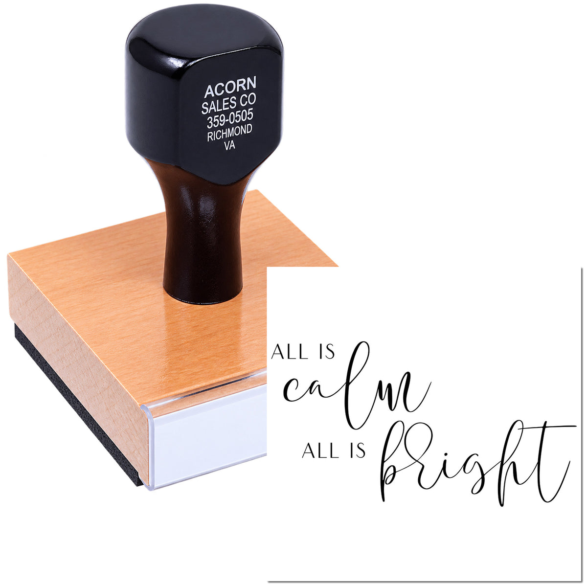 Custom rubber stamp with All Is Calm, All Is Bright design for holiday cards, crafts, and seasonal packaging.