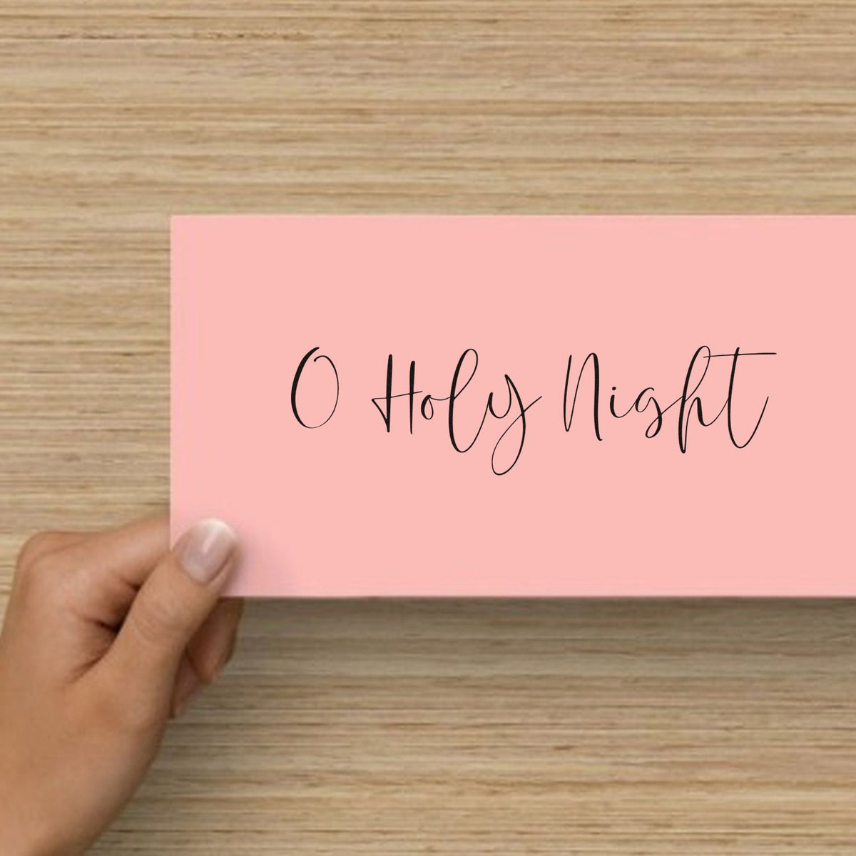 O Holy Night rubber stamp on pink card, ideal for Christmas card making and holiday crafts.