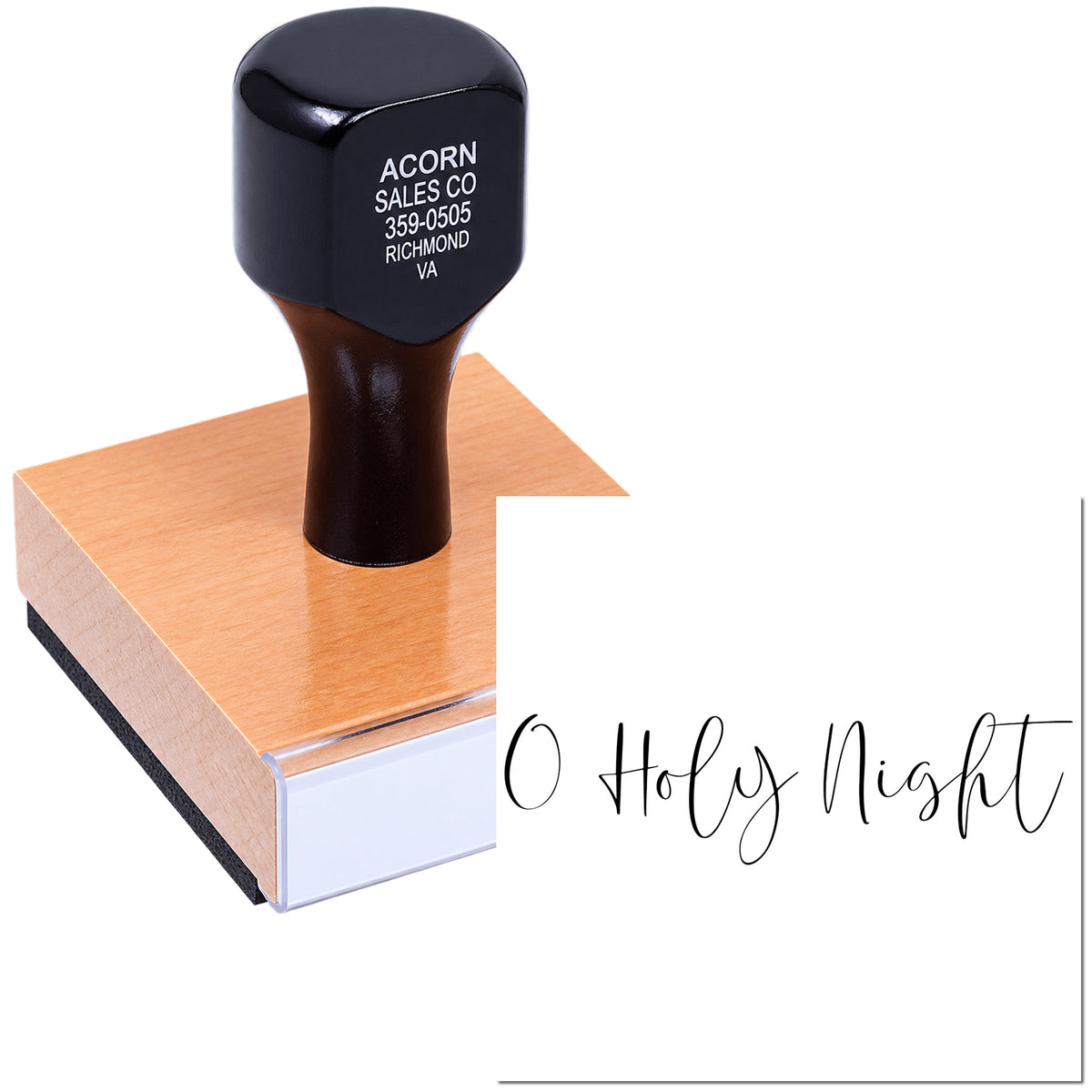 Custom rubber stamp with O Holy Night script design for Christmas crafts, holiday cards, and seasonal paper projects.