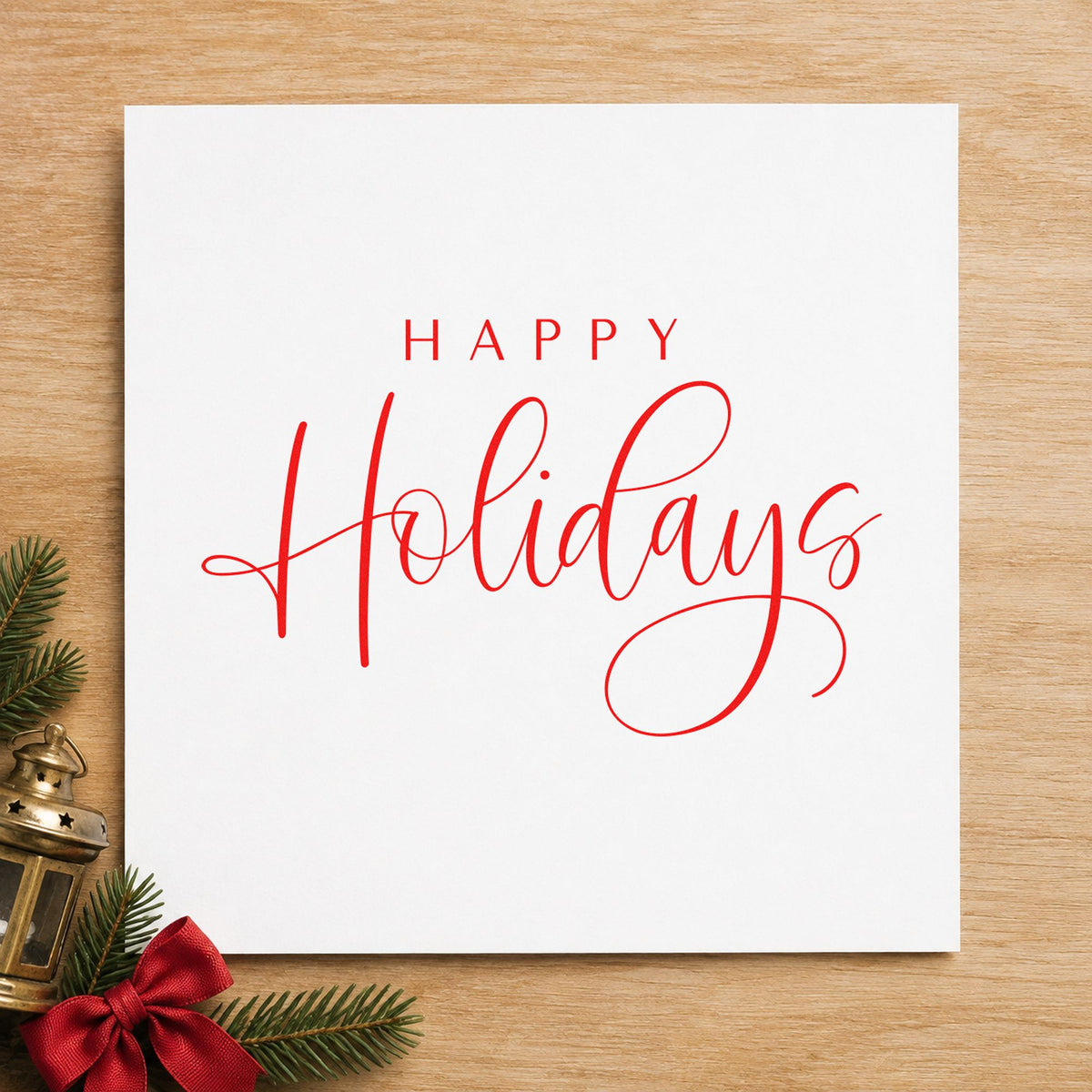 Happy Holidays Looped Script craft stamp in red ink on cardstock, an easy option for sash curl printing.