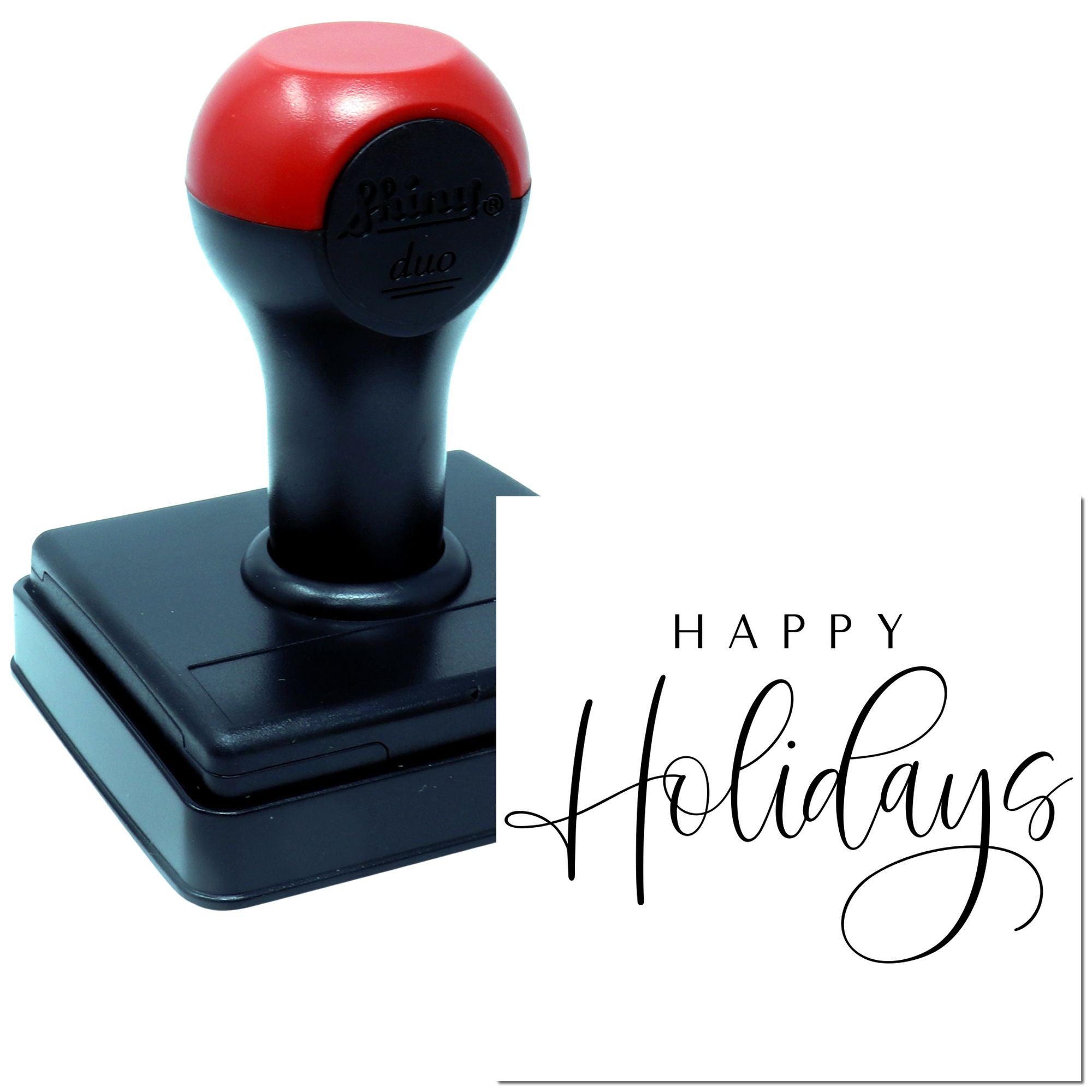 Self-inking rubber stamp with Happy Holidays message for festive card making and holiday correspondence.