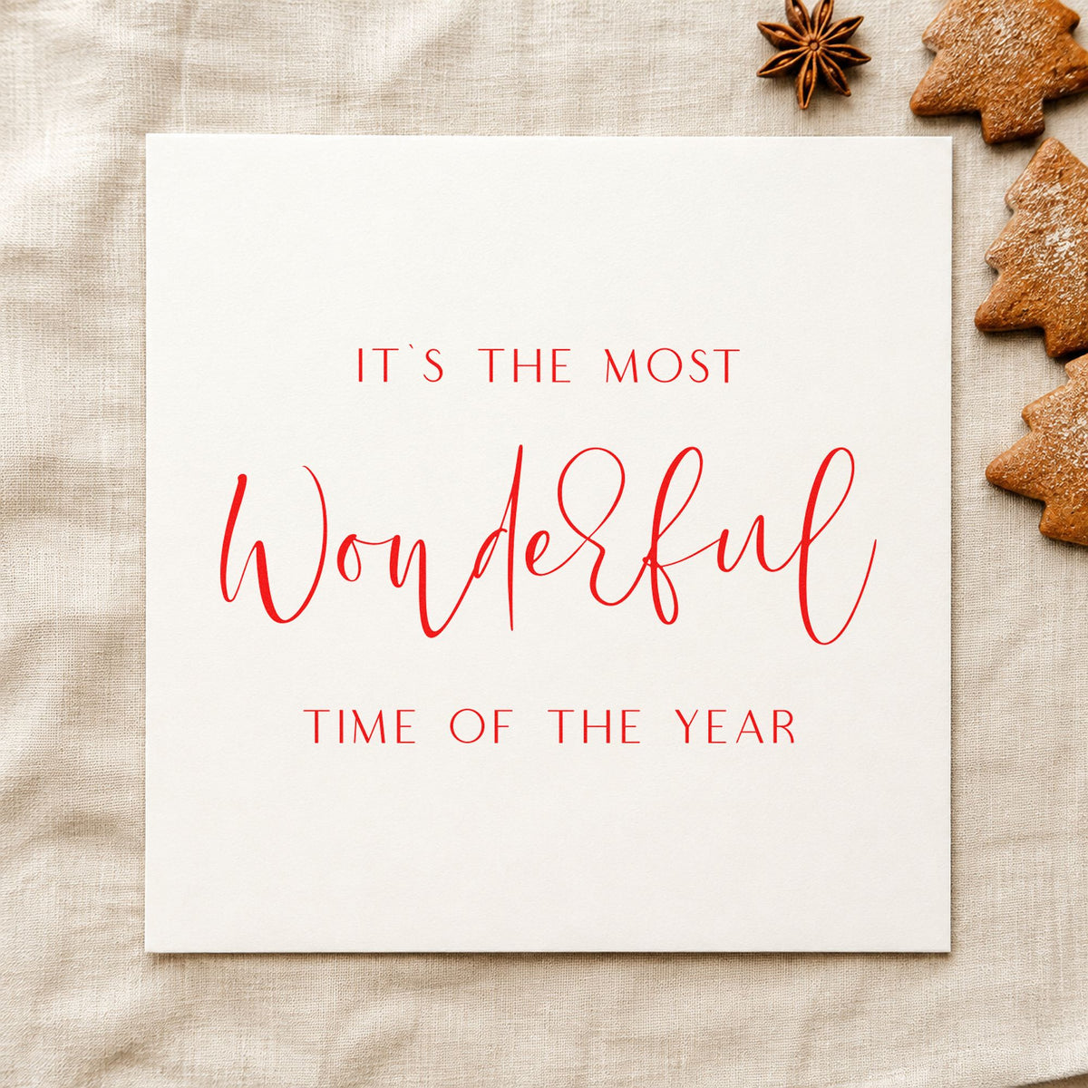 Wonderful Time Of Year Script rubber stamp shown in red ink, stamped for projects such as shelf center labels.