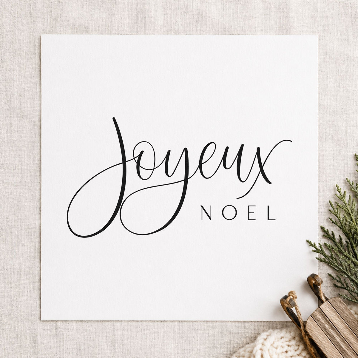 Joyeux Noel Fine Script rubber stamp printed in black ink, ready for french greeting cards and similar paper crafts.