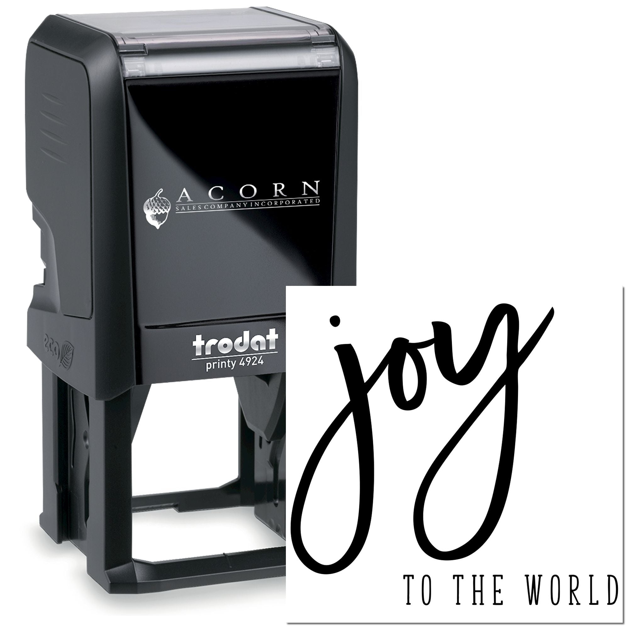 Custom self-inking rubber stamp with Joy to the World holiday imprint for personalized Christmas stamping.