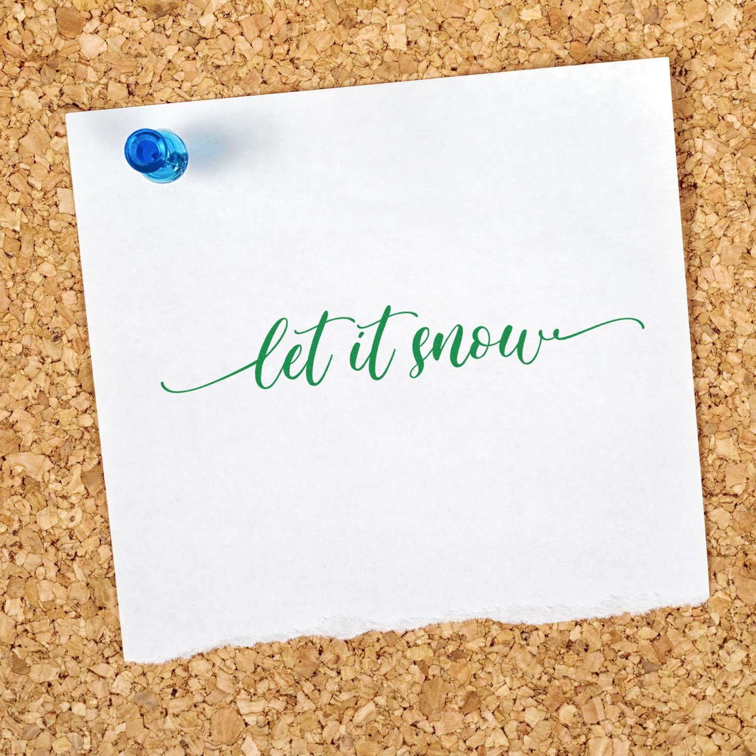 Let it Snow rubber stamp text on pinned note, perfect for winter holiday cards, scrapbooking, and festive DIY crafts.