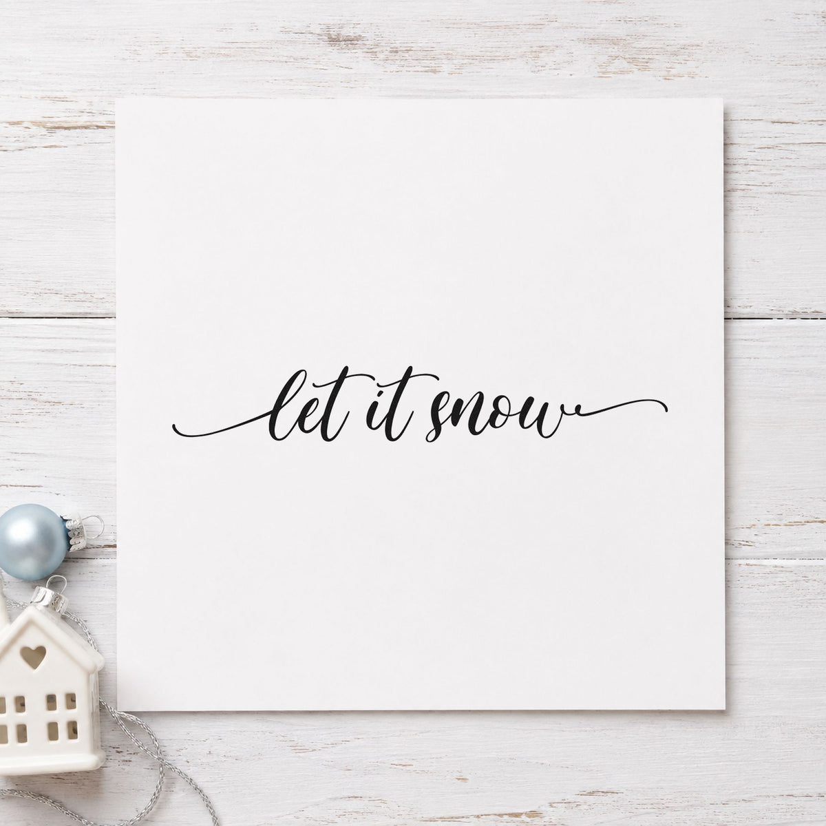 Let It Snow Flourished Line Script Lettering Rubber Stamp – Wood Handle in use 4
