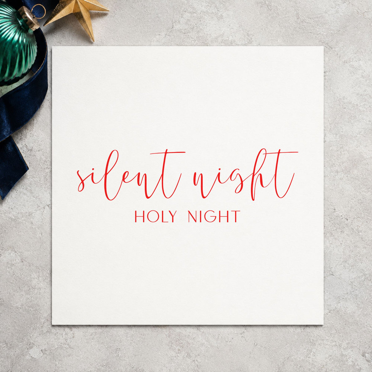 Silent Night Holy Night Script craft stamp in red ink on cardstock, an easy option for sheer panel printing.