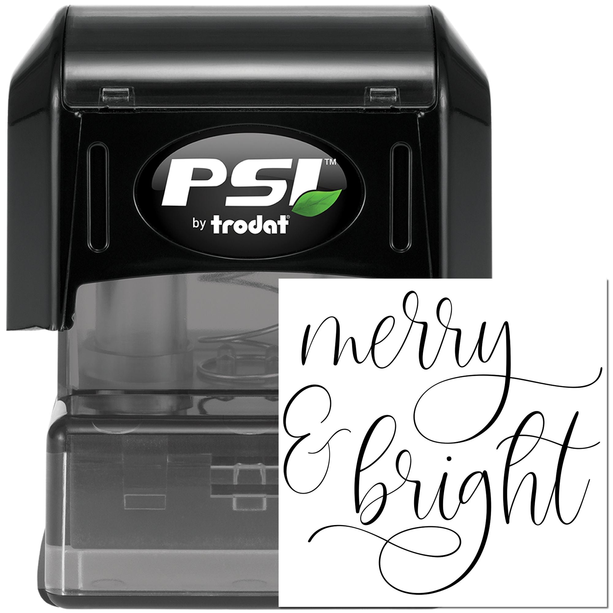 PSI by Trodat custom self-inking rubber stamp with Merry & Bright script for holiday cards and gift packaging.