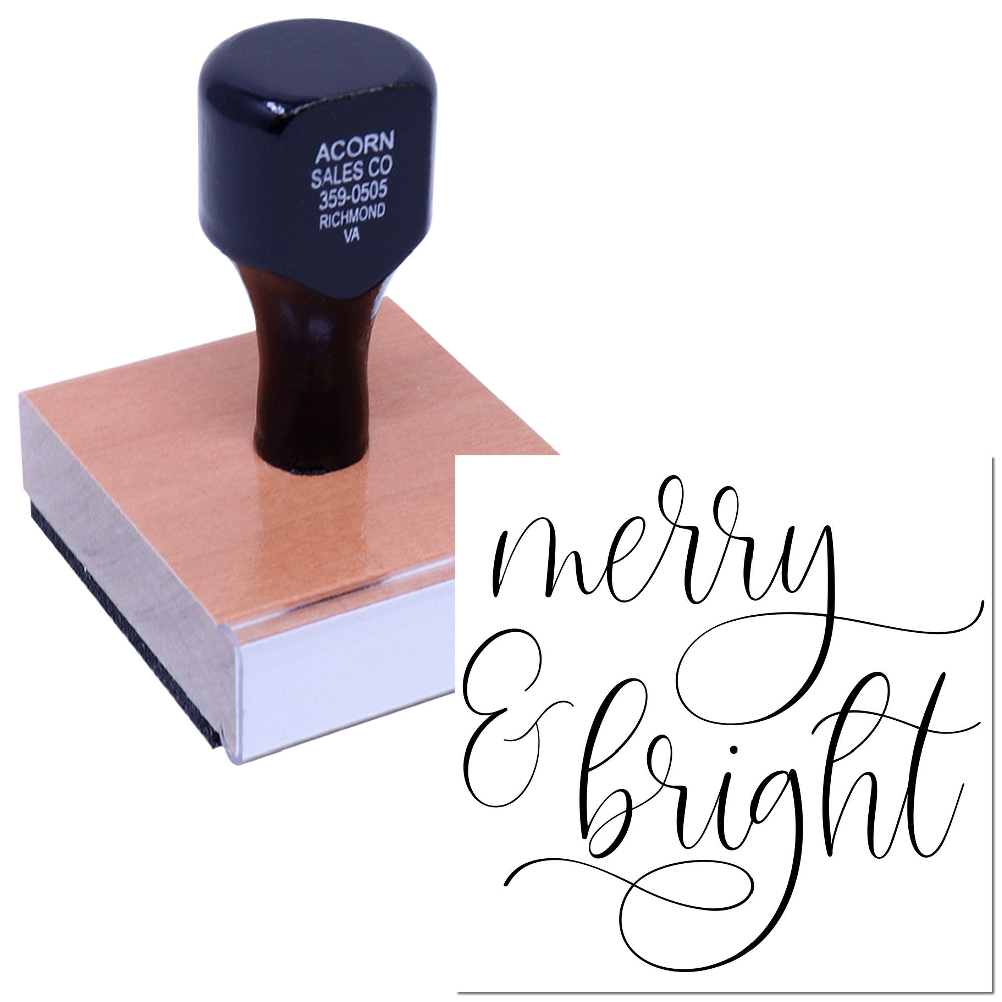 Custom Merry & Bright rubber stamp with elegant script design for holiday cards, gift wrapping, and handmade crafts.