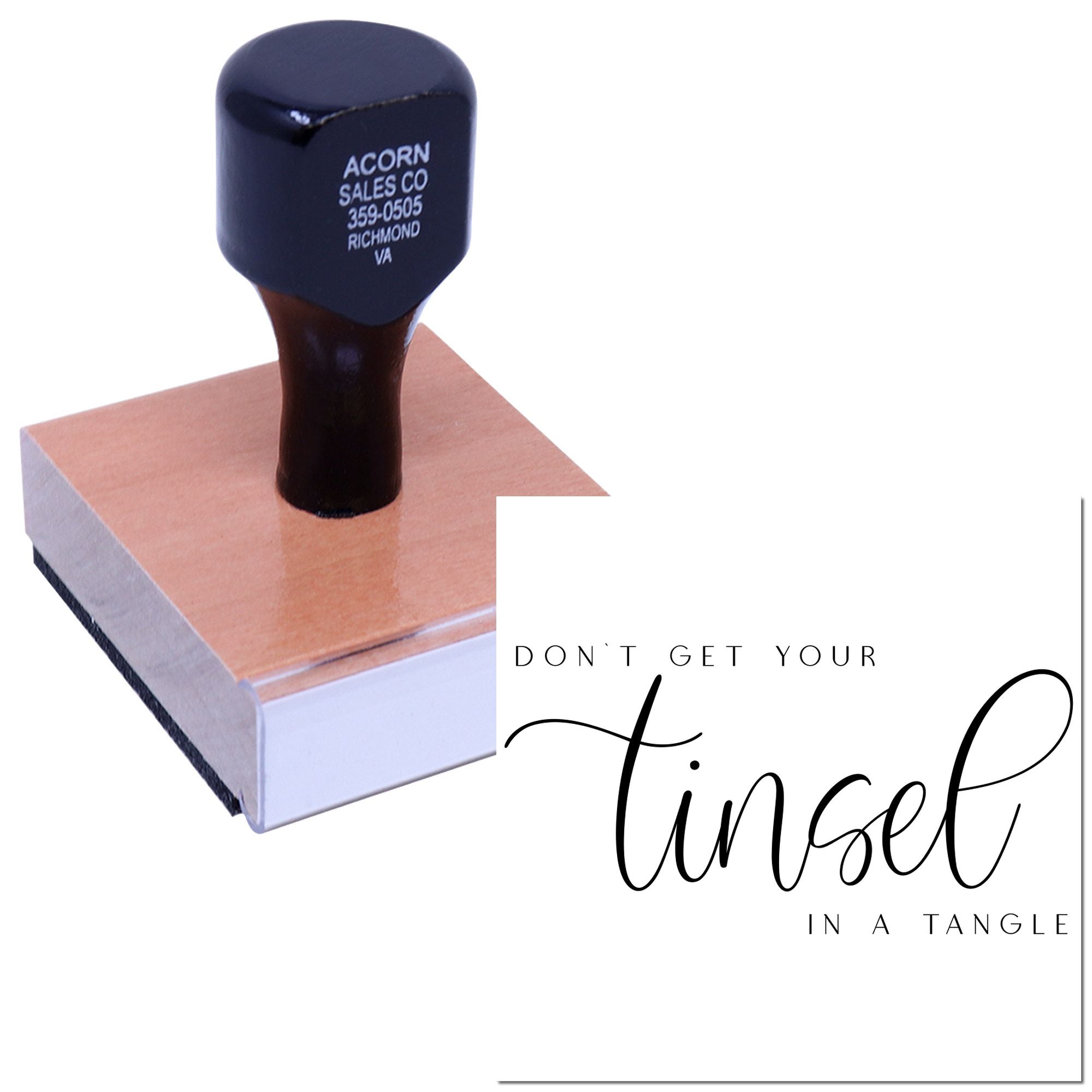 Custom self-inking rubber stamp with holiday message, Dont get your tinsel in a tangle, for festive branding.