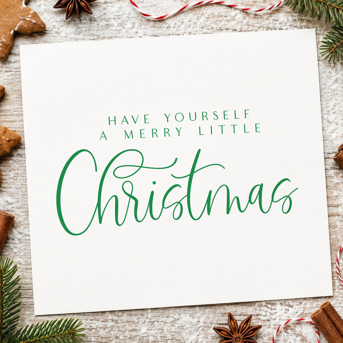 Merry Little Christmas Calligraphy craft stamp imprint in green ink on a handmade project, one idea being supper club slips.