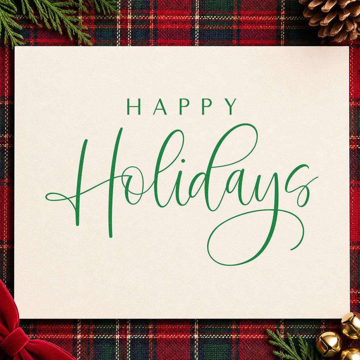 Happy Holidays Thin Calligraphy Block Lettering Hand Stamp – Duo in use 10