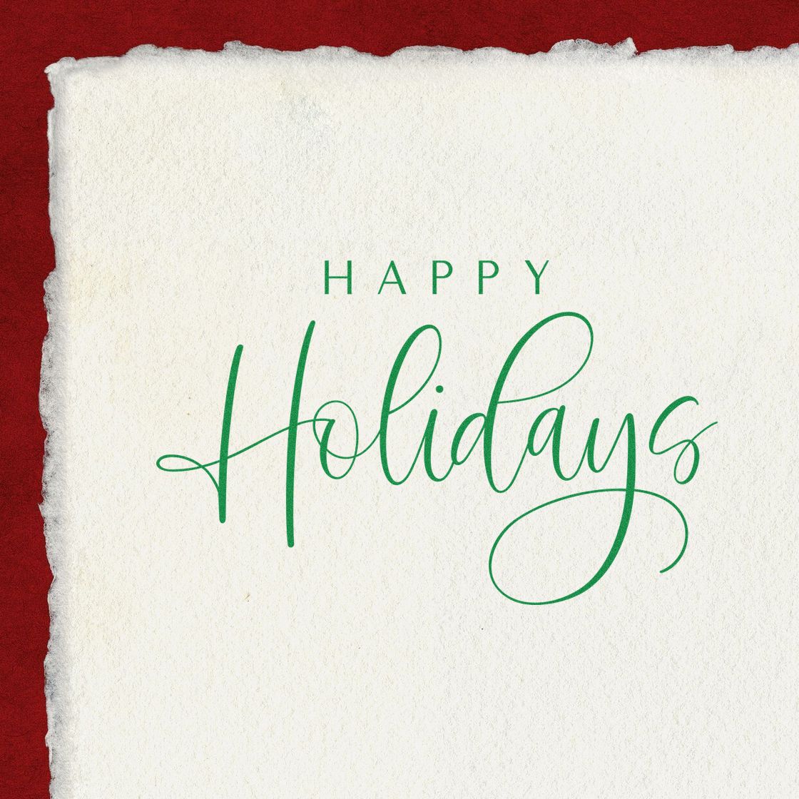Happy Holidays rubber stamp design in green script on textured paper for seasonal cards, crafts, and gift tags.