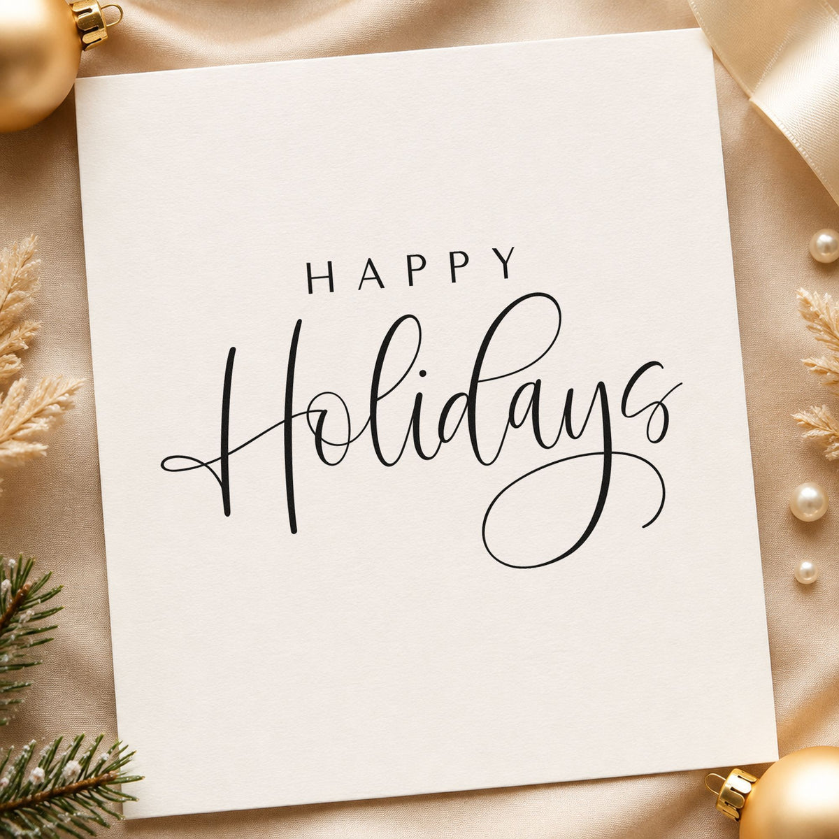 Happy Holidays Thin Calligraphy craft stamp imprint in black ink on a handmade project, one idea being hand lettered tags.