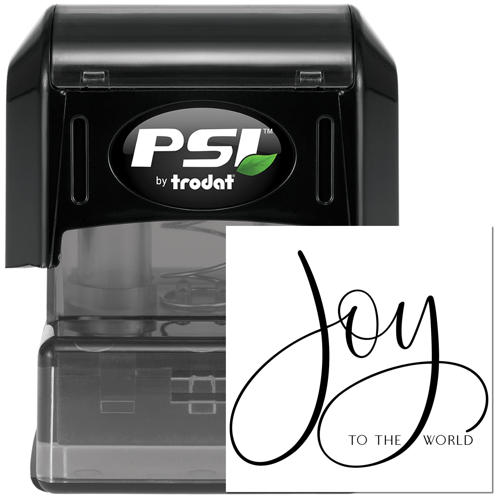 PSI by Trodat self-inking rubber stamp featuring Joy to the World script for custom holiday cards and crafts.