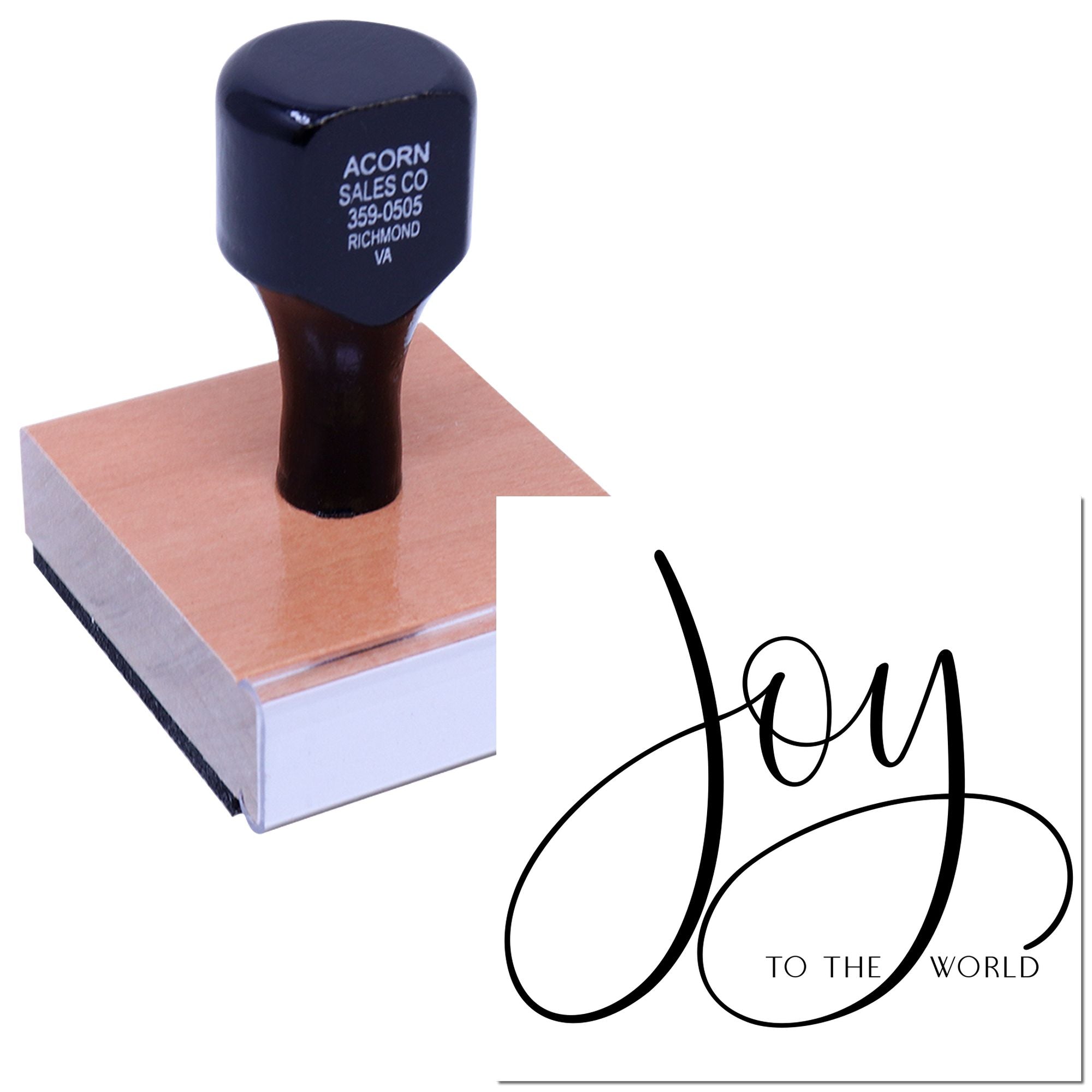 Custom rubber stamp with Joy to the World design, shown on a wood-mounted stamp with sample imprint.