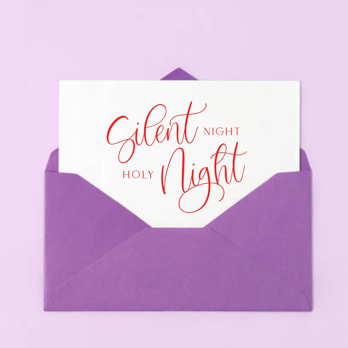 Silent Night Holy Night Christmas rubber stamp design for holiday cards, shown on a card in a purple envelope.