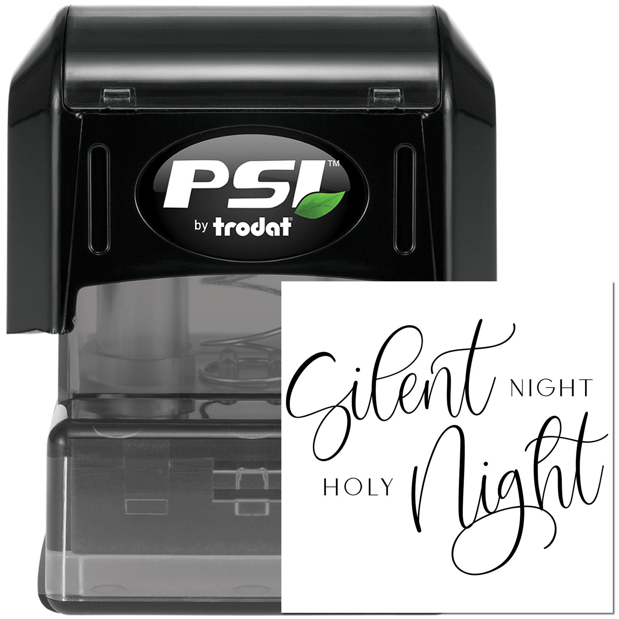 PSI by Trodat self-inking rubber stamp with custom Silent Night, Holy Night holiday message for card making and crafts.